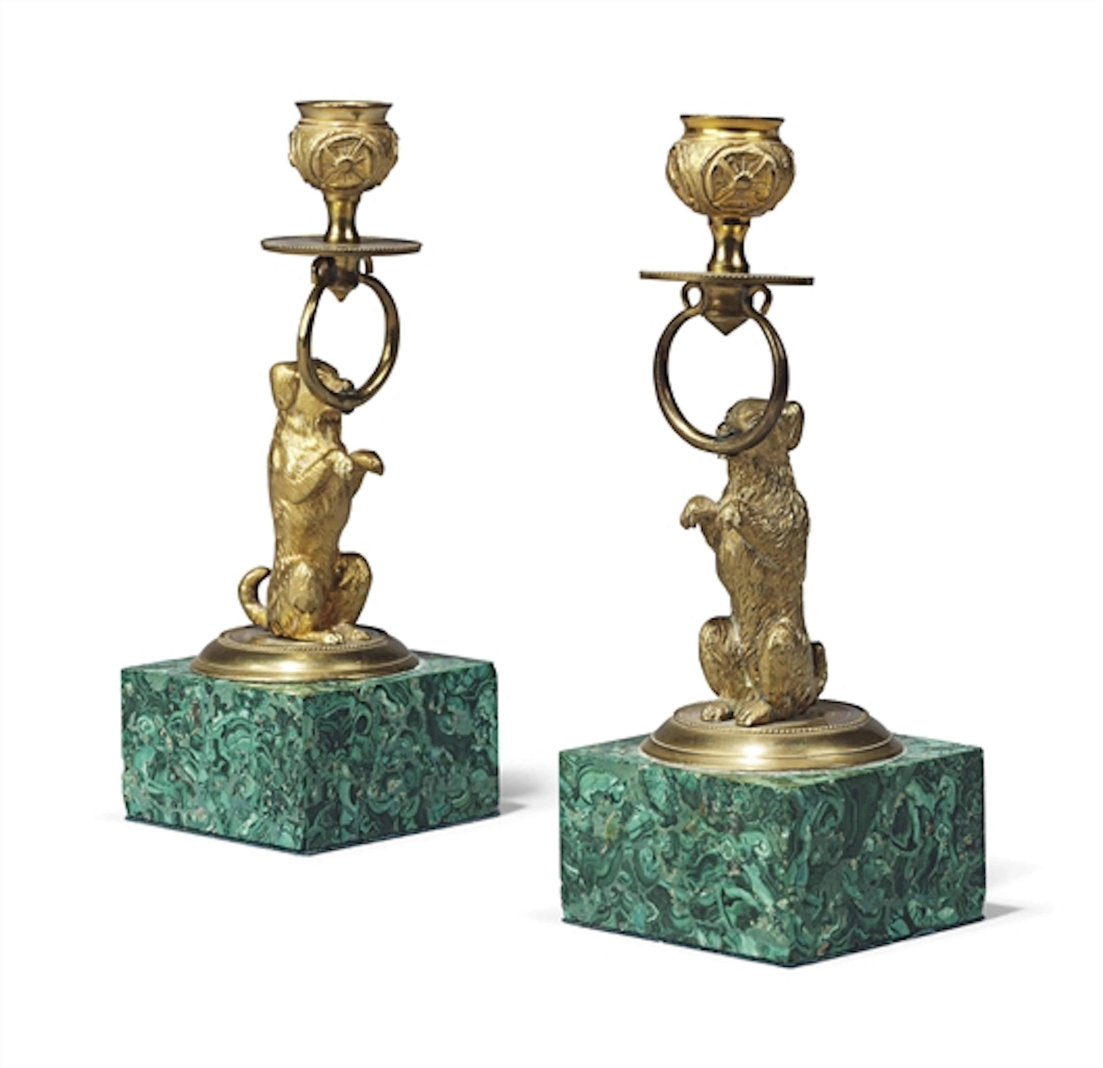 A PAIR OF GILT-BRONZE AND MALACHITE CANDLESTICKS
