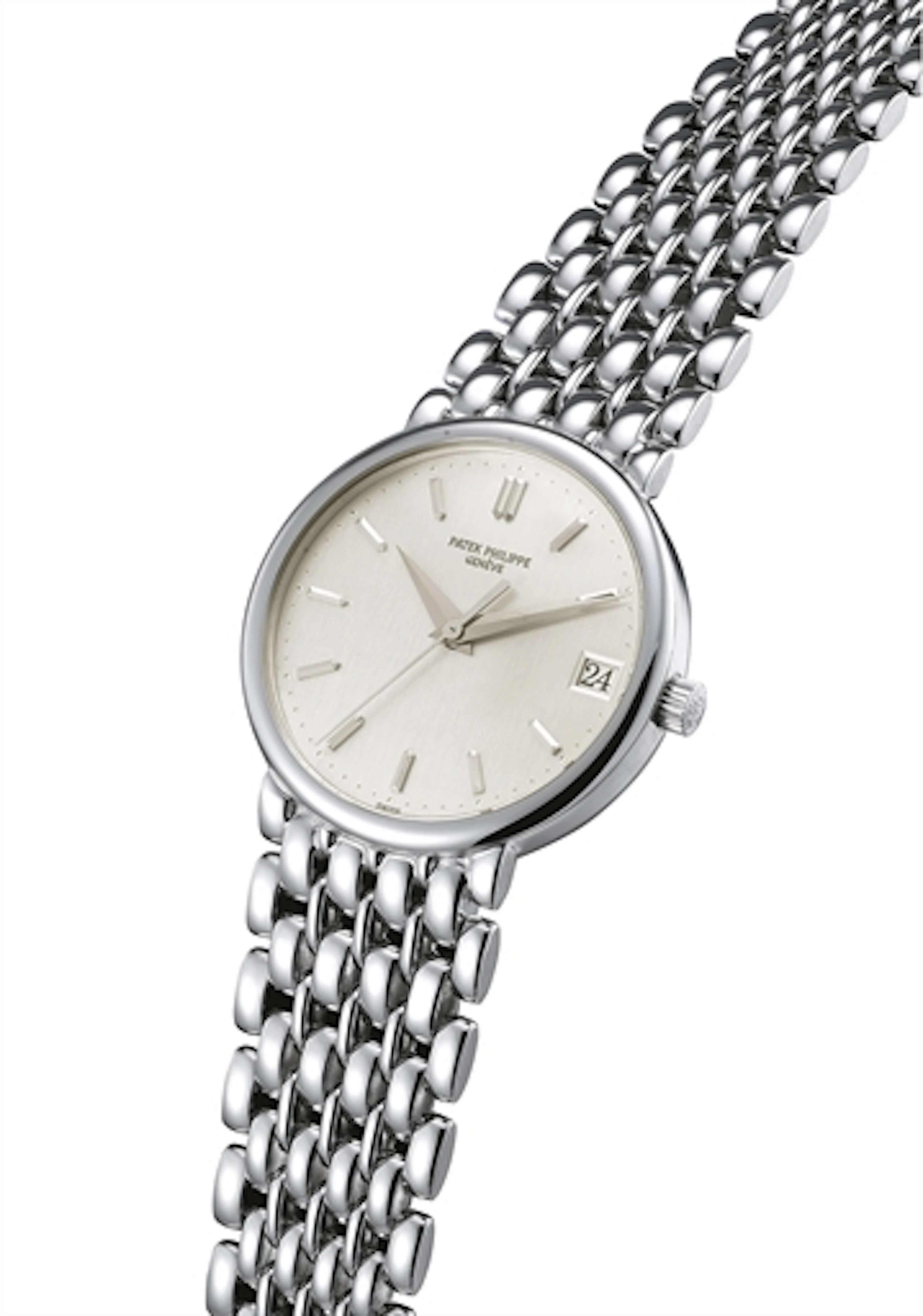 PATEK PHILIPPE. A FINE 18K WHITE GOLD AUTOMATIC BRACELET WATCH WITH SWEEP CENTRE SECONDS AND DATE