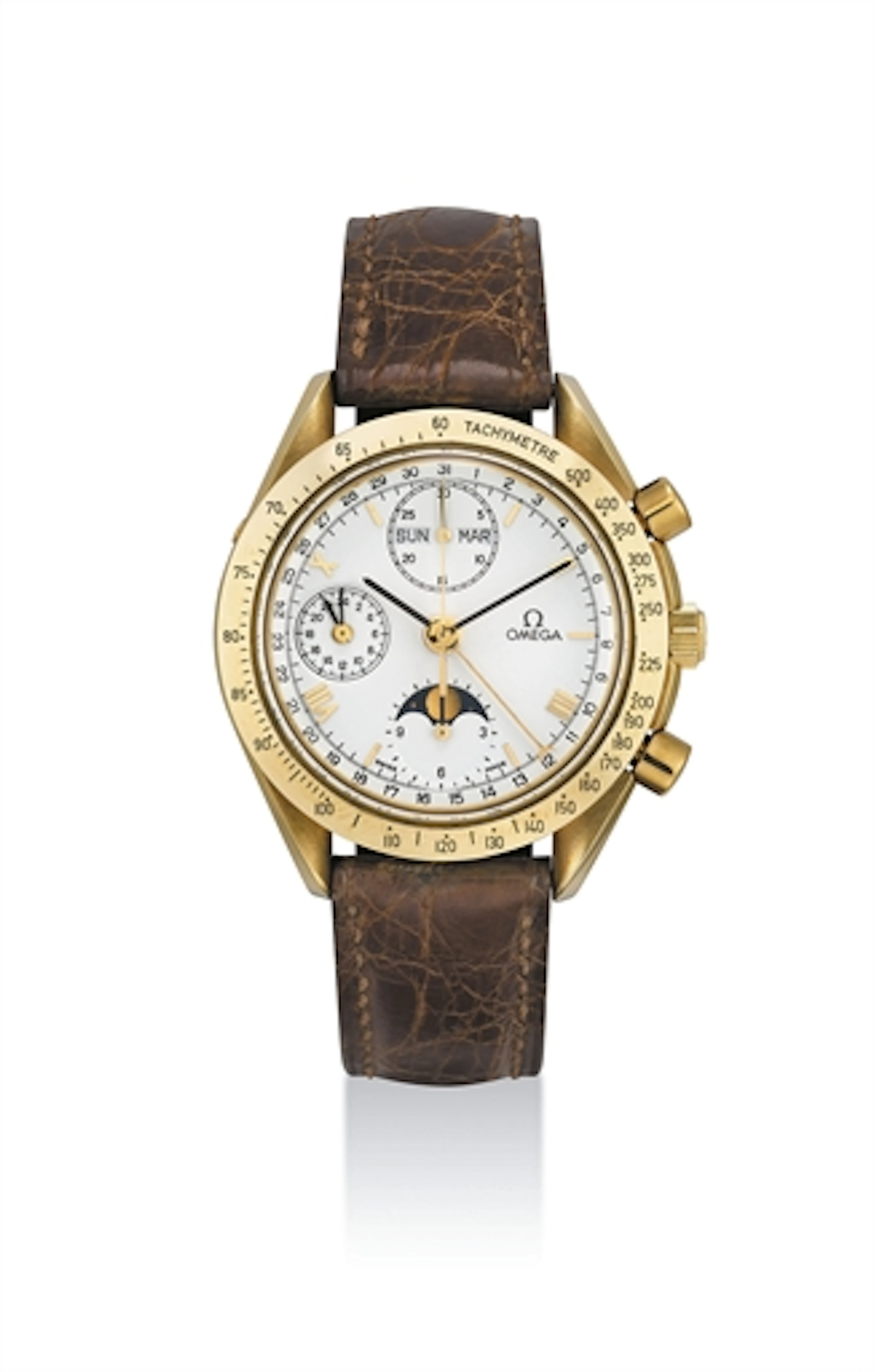 OMEGA. AN 18K GOLD AUTOMATIC TRIPLE CALENDAR CHRONOGRAPH WRISTWATCH WITH 24 HOUR INDICATION AND MOON PHASES