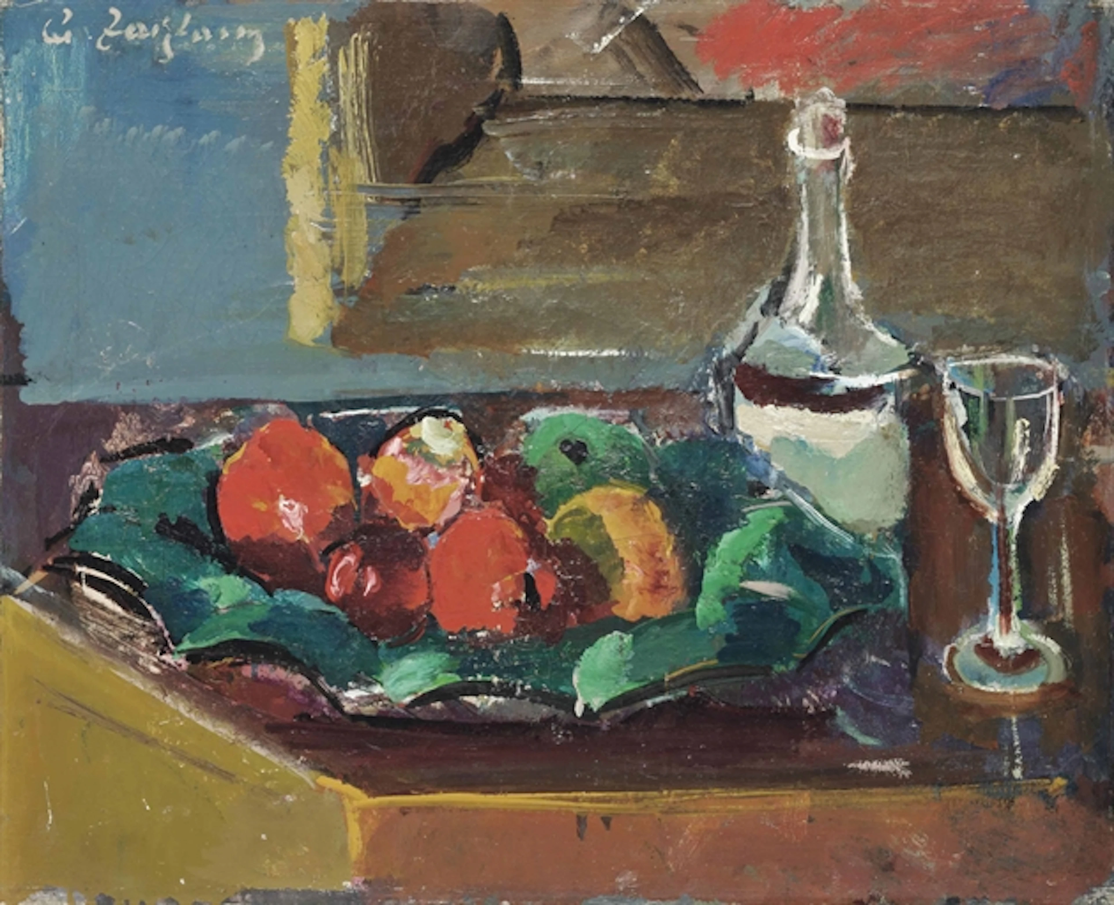 Obststilleben mit Flasche und Glas