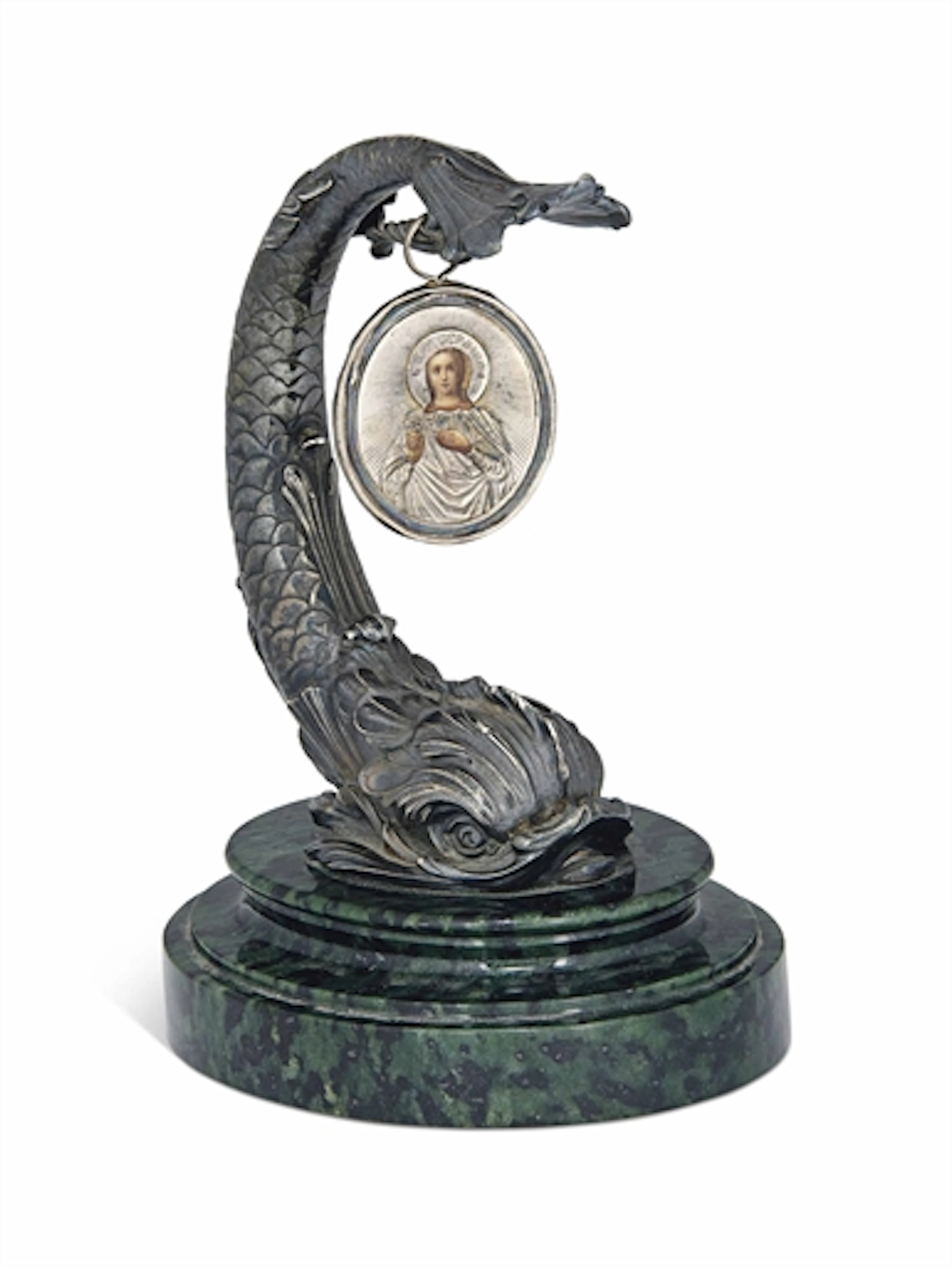 A RUSSIAN CAST SILVER MODEL OF A DOLPHIN ON A STEPPED OVAL GREEN HARDSTONE BASE