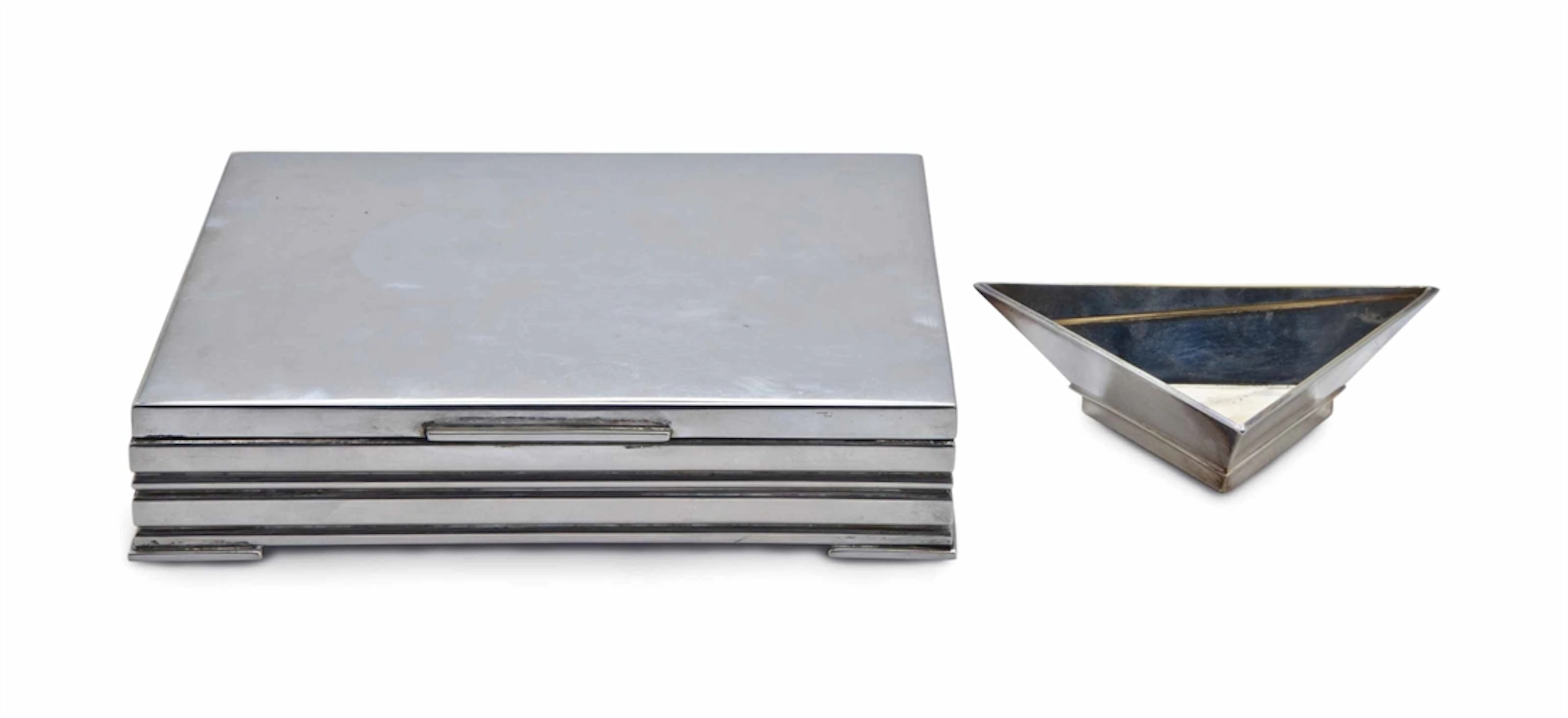 A DANISH SILVER CIGARETTE BOX WITH HINGED COVER, AND AN AMERICAN SILVER PLATE TRIANGULAR COCKTAIL DISH,