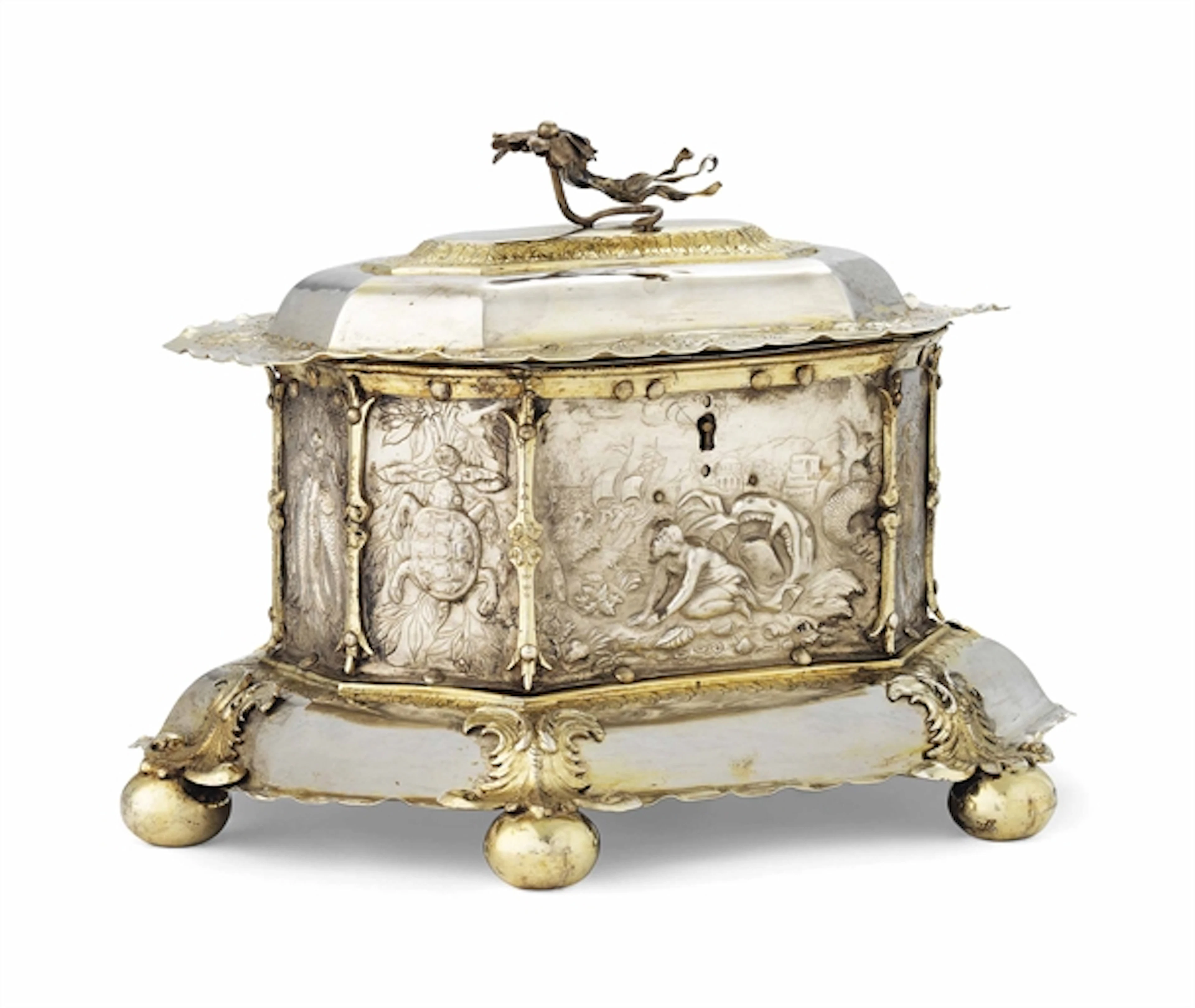 A GERMAN PARCEL-GILT SILVER CASKET