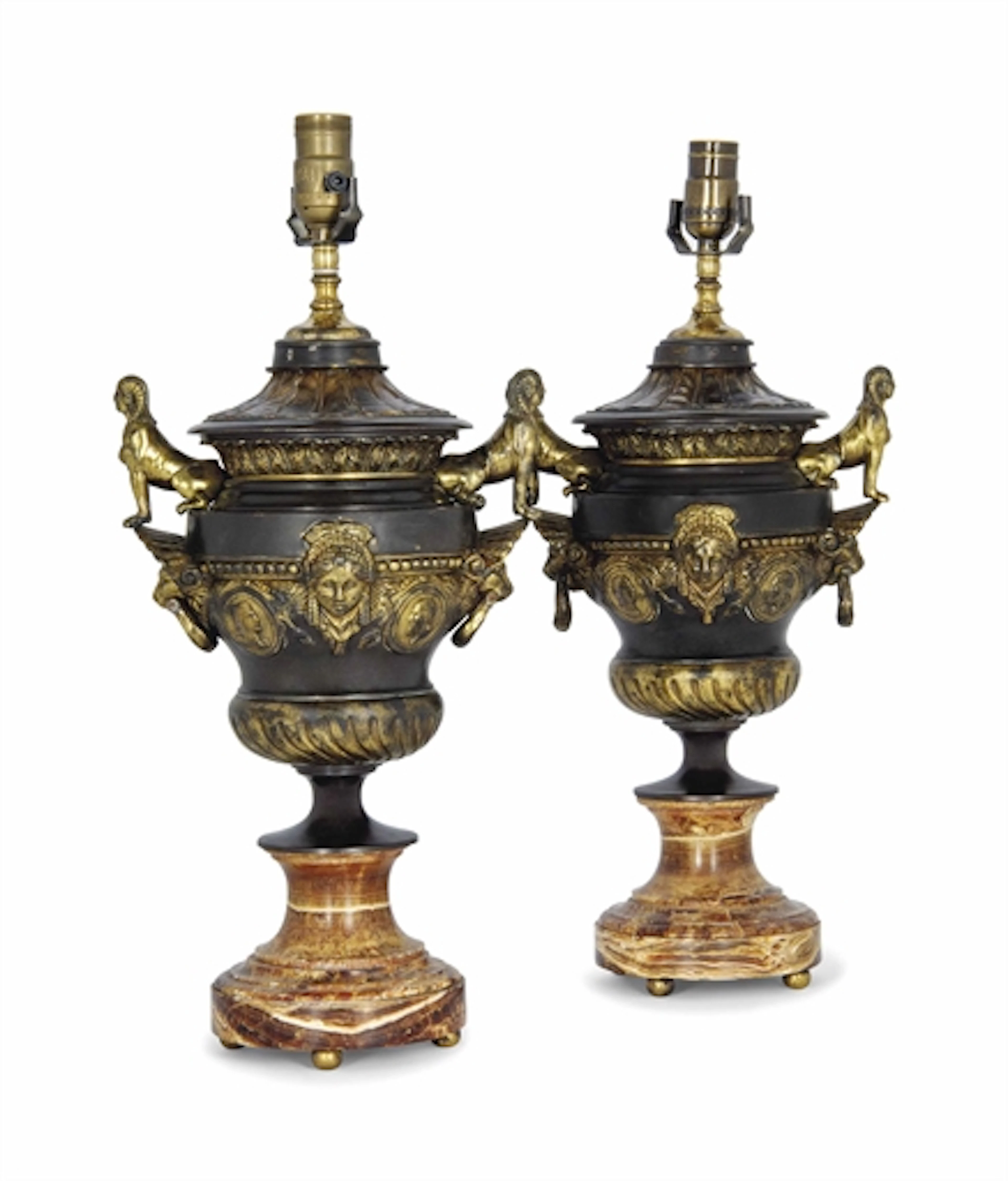 A PAIR OF GILT AND PATINATED VASE LAMPS
