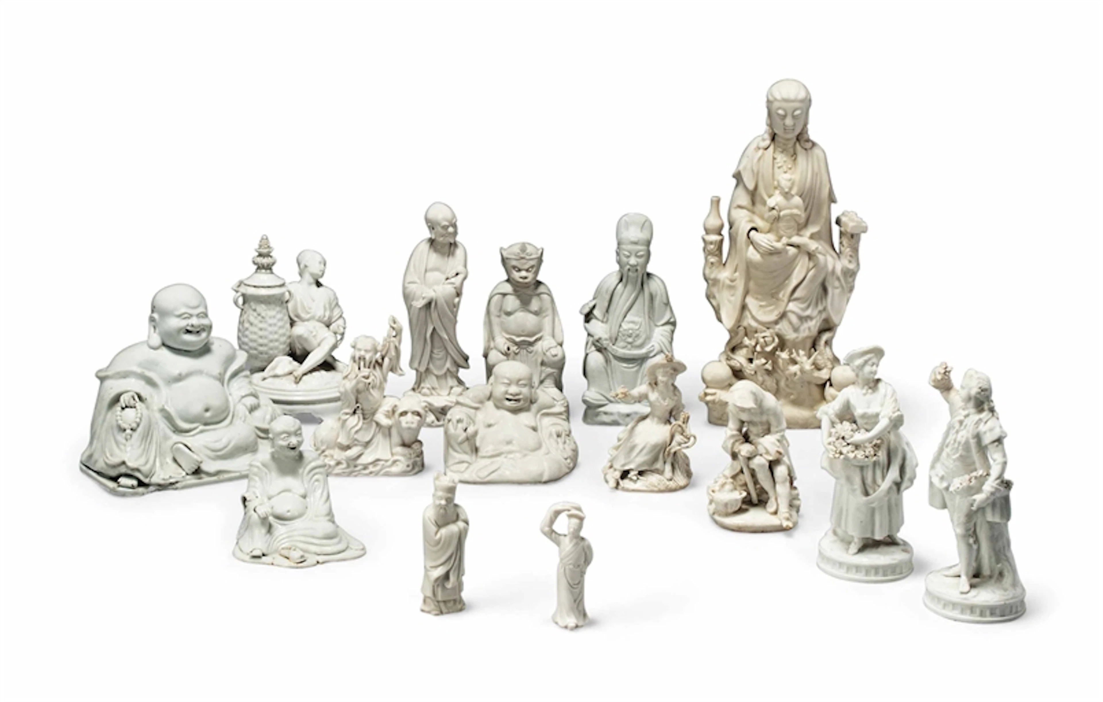 A GROUP OF TEN CHINESE AND FIVE EUROPEAN BLANC DE CHINE FIGURES