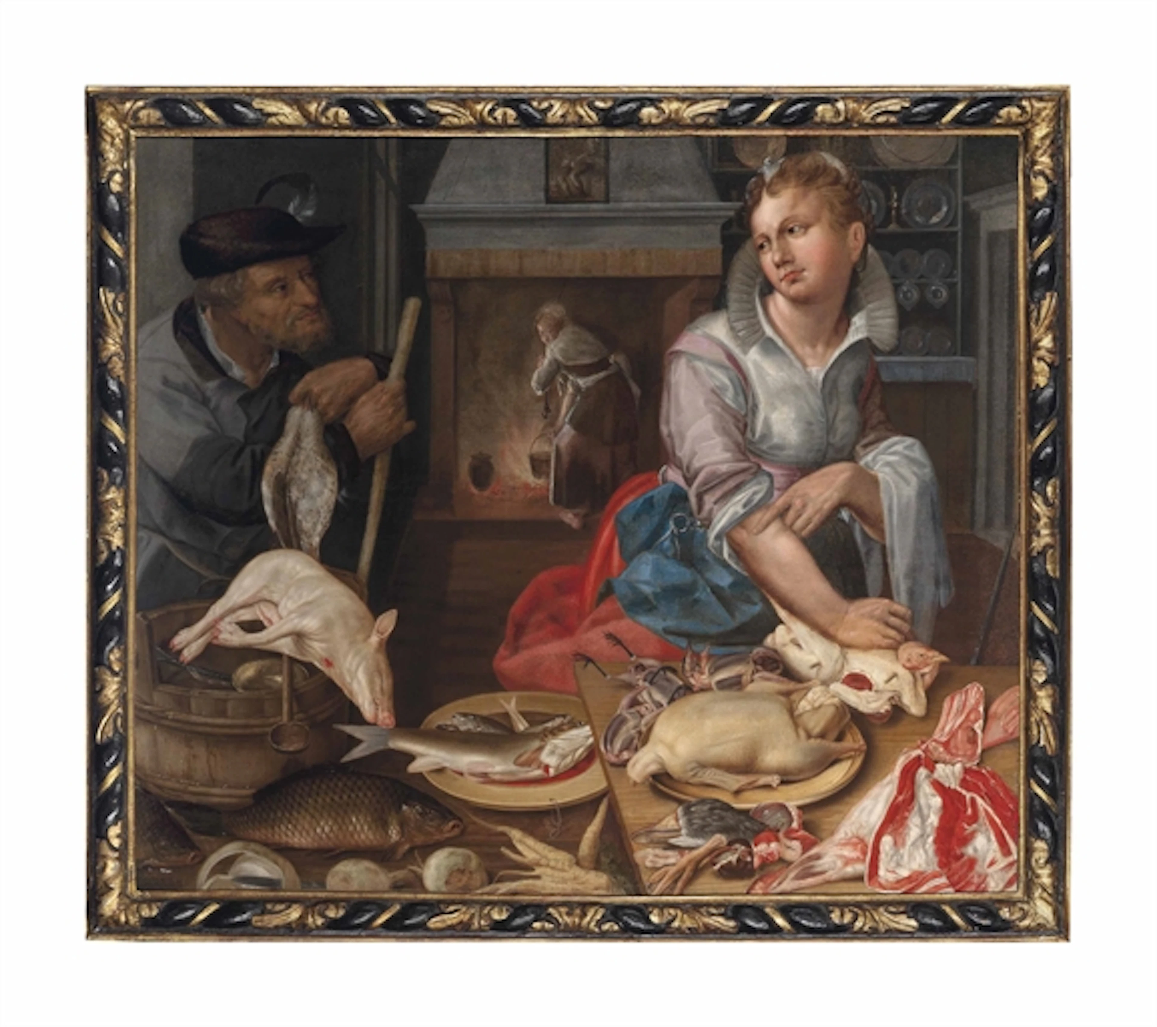 A kitchen interior with a maid, game, meat and fish with a huntsman
