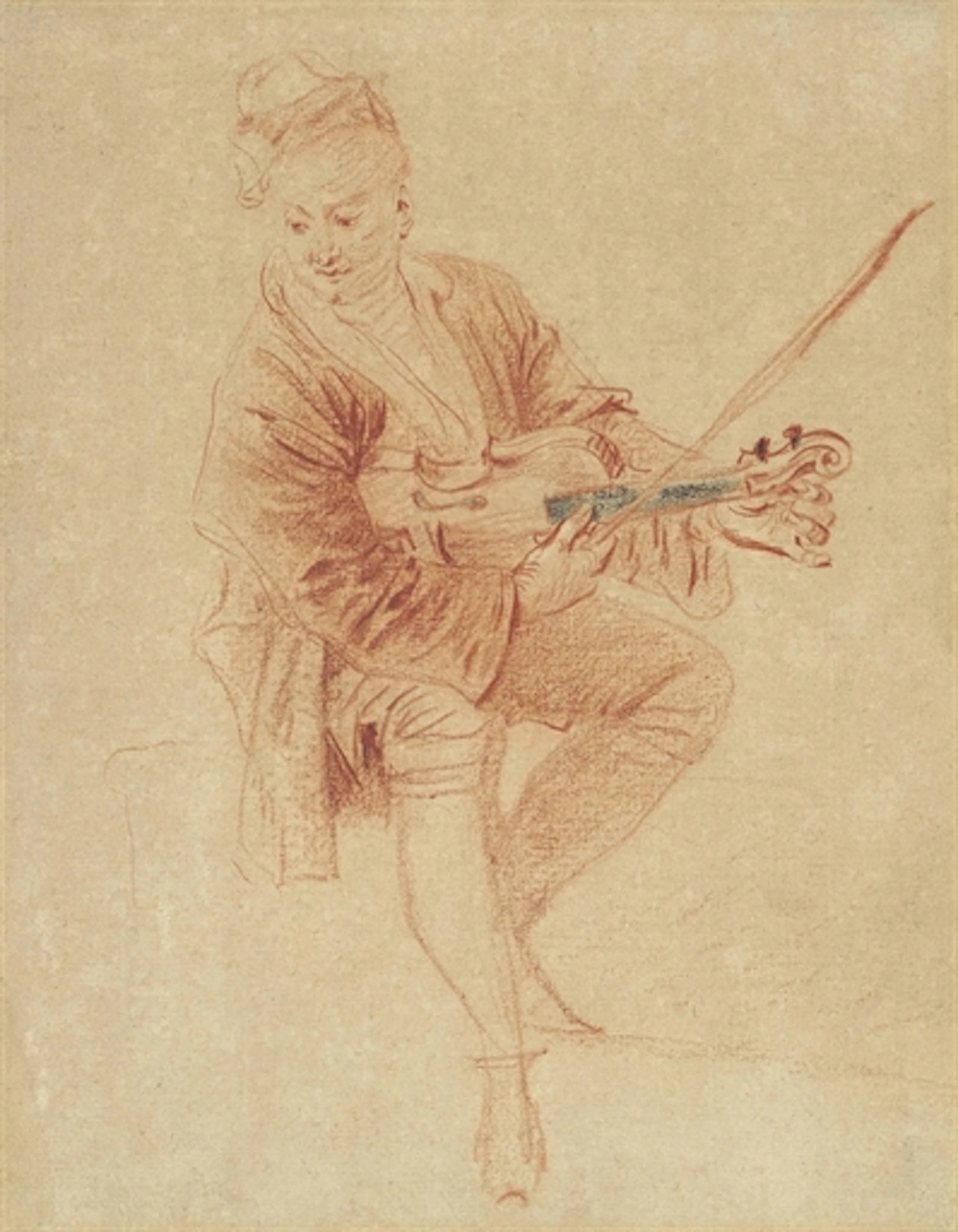 A portrait of Nicolas Vleughels, seated and looking down to the left, tuning his violin