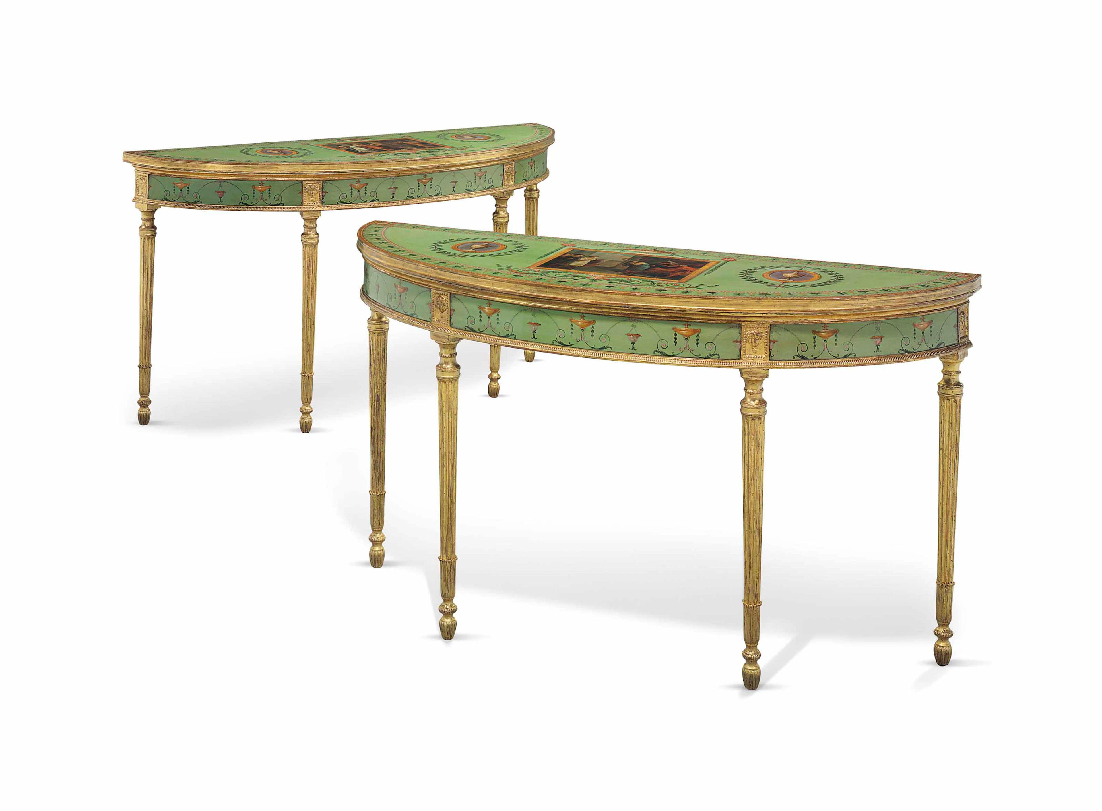 A pair of george iii blue and polychrome-painted and parcel-gilt side tables