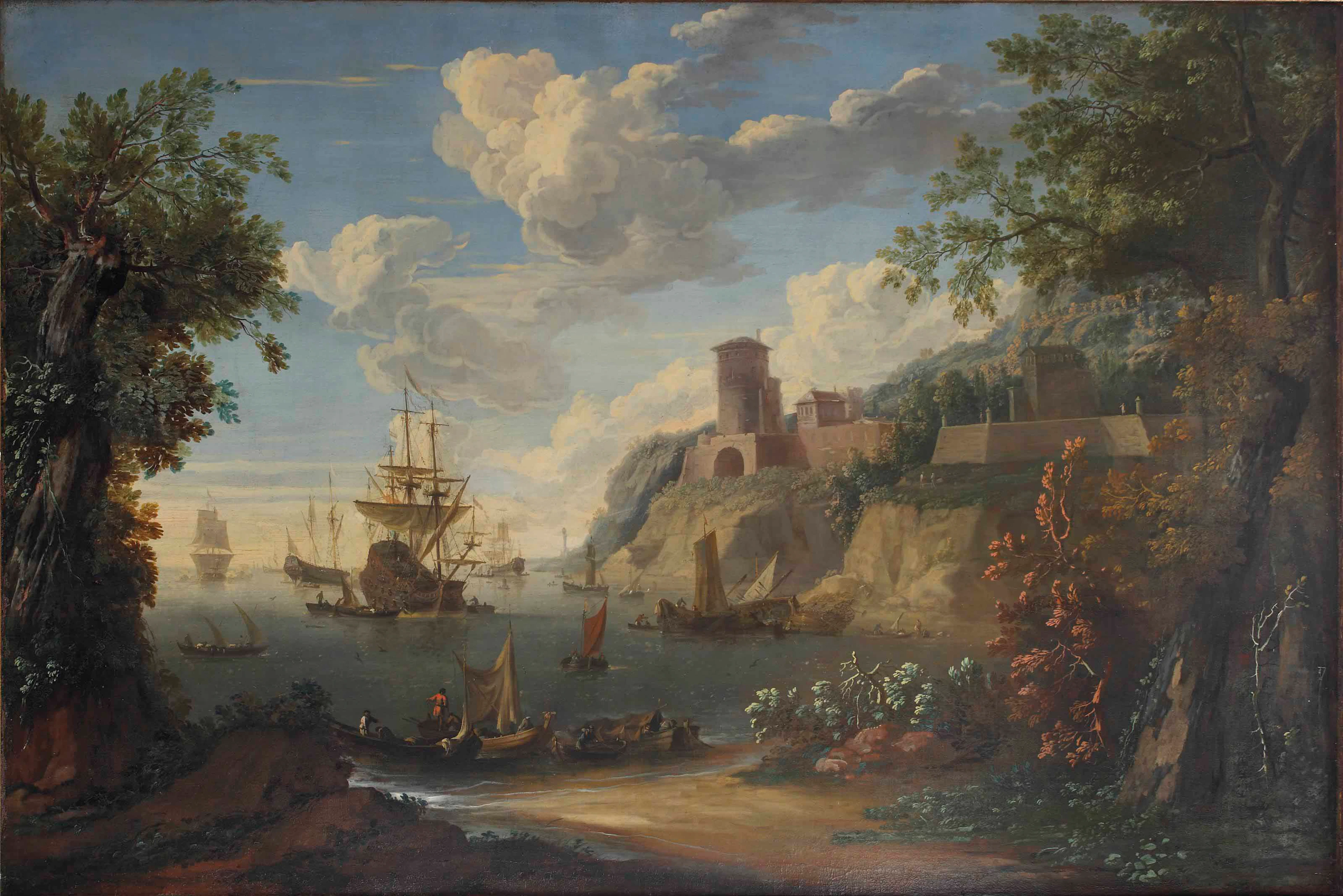 An Italianate landscape with shipping activities in a rocky inlet