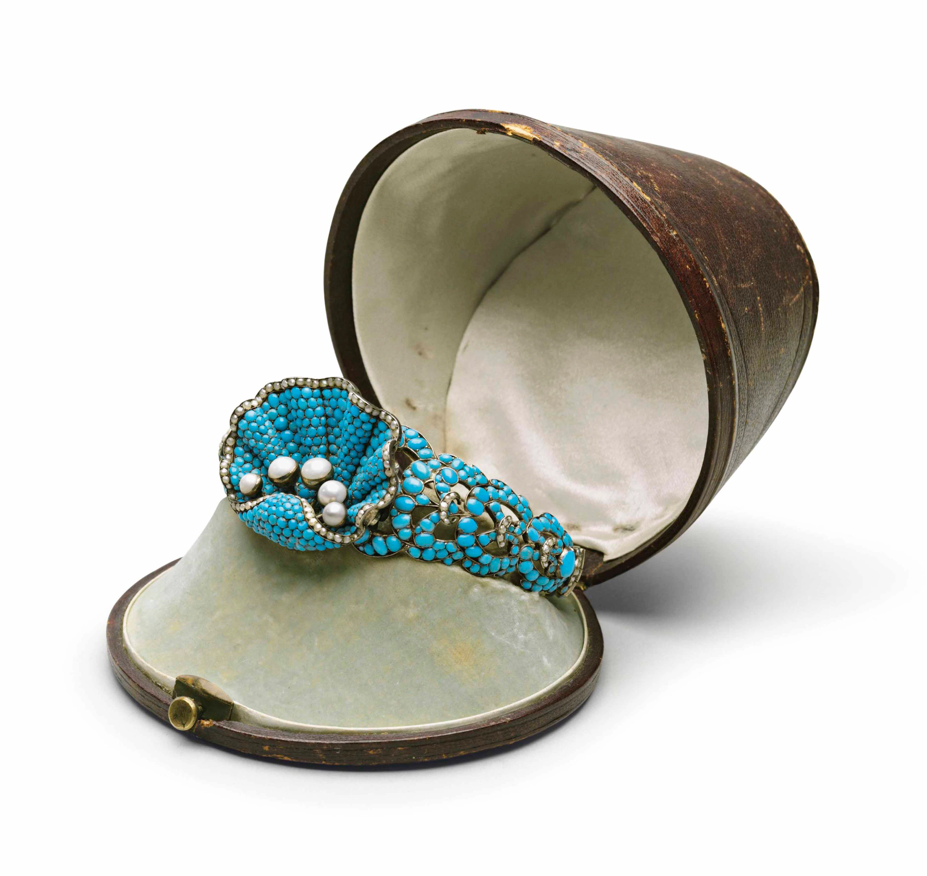 A turquoise and pearl-set silver bracelet