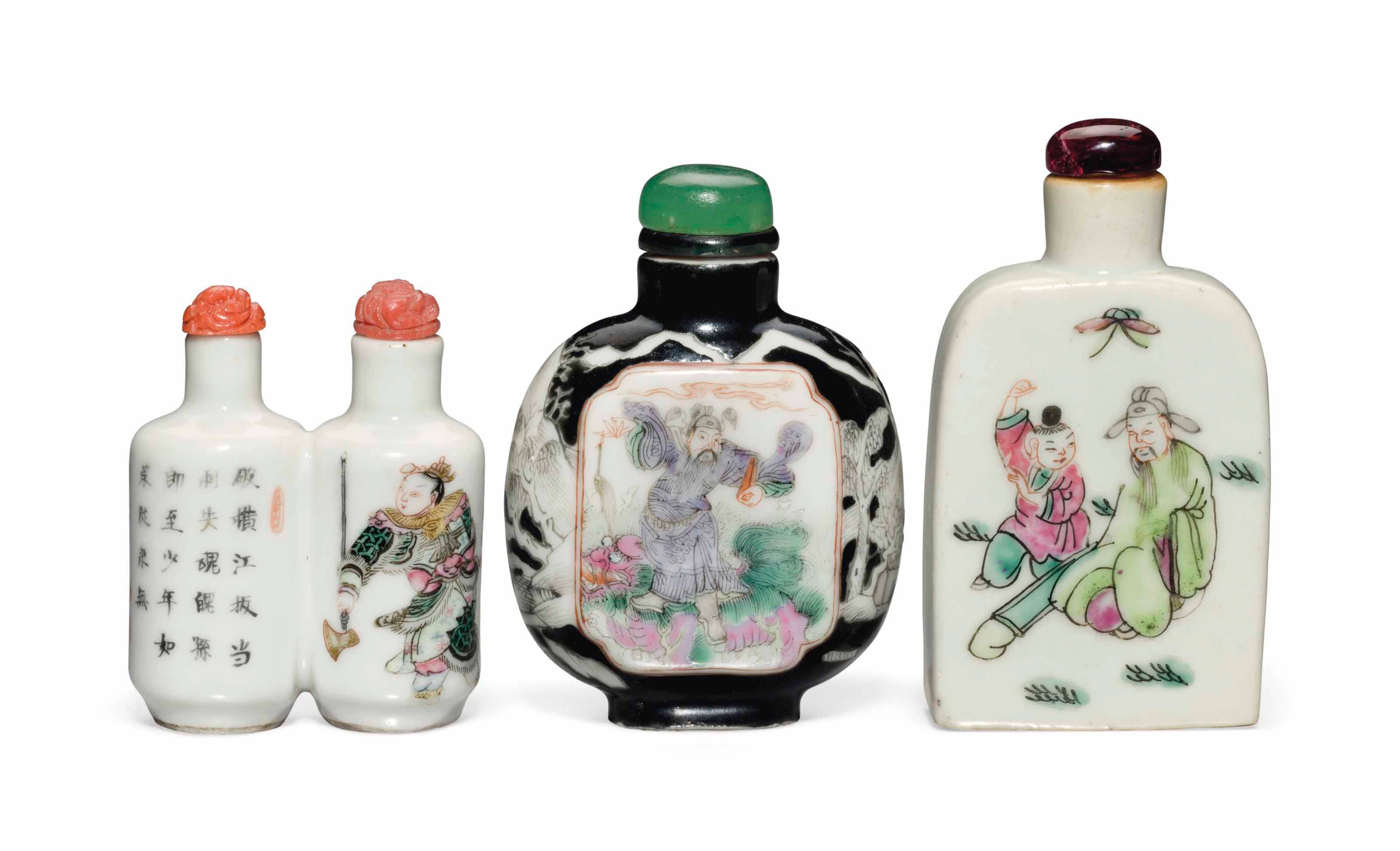 Three enameled porcelain snuff bottles