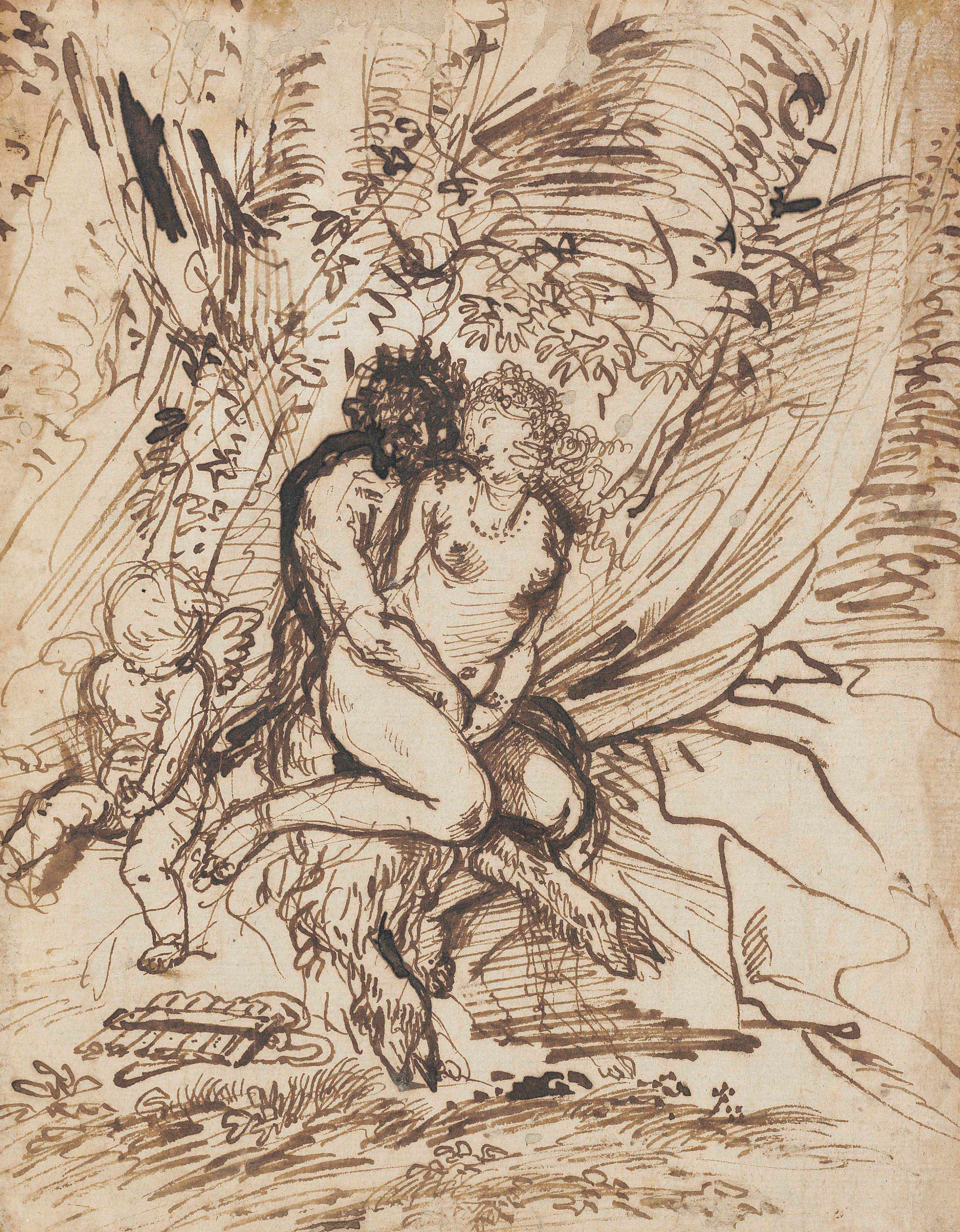 Pan embracing Venus watched by Cupid