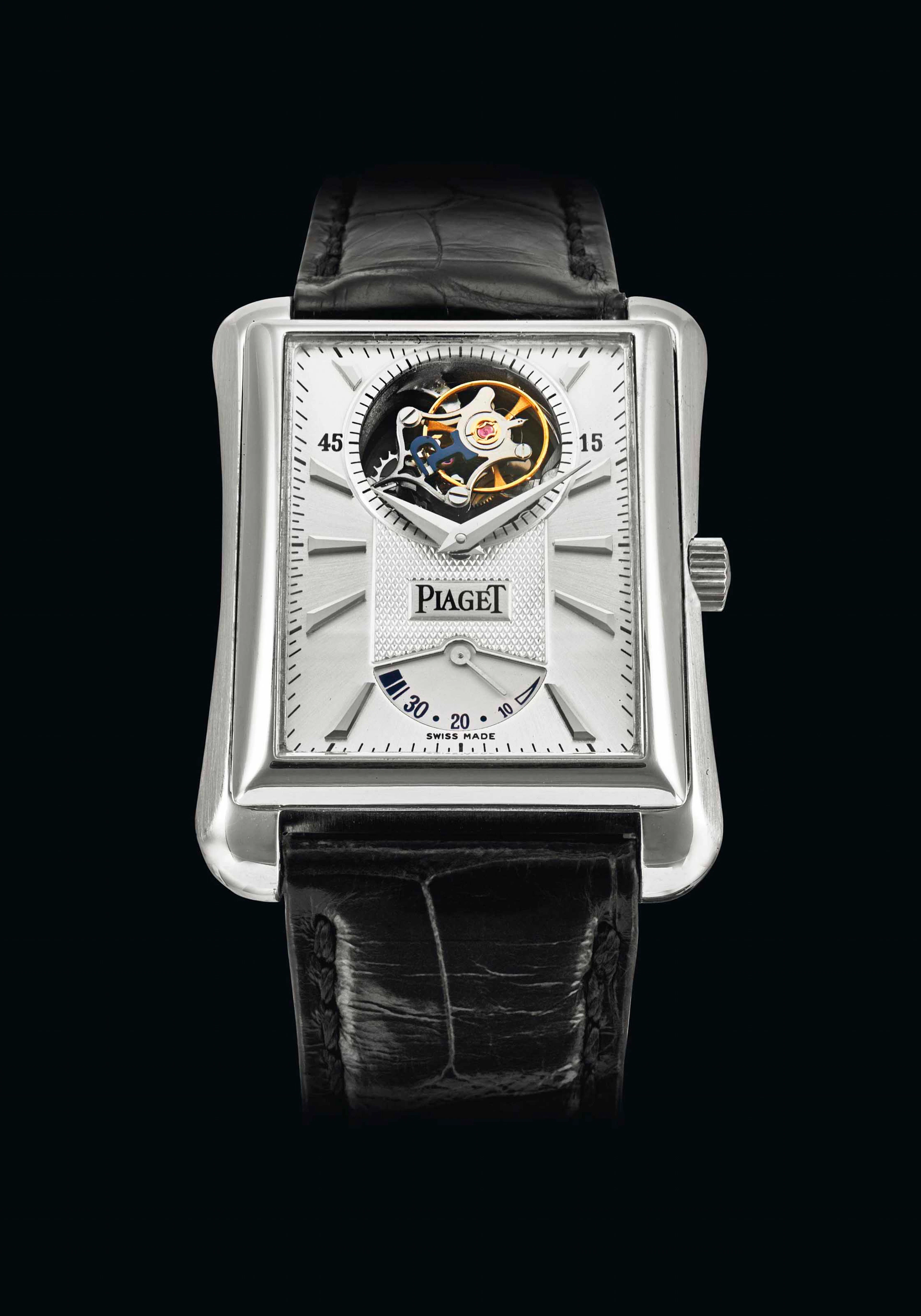 Piaget. an 18k white gold rectangular tourbillon wristwatch with power reserve