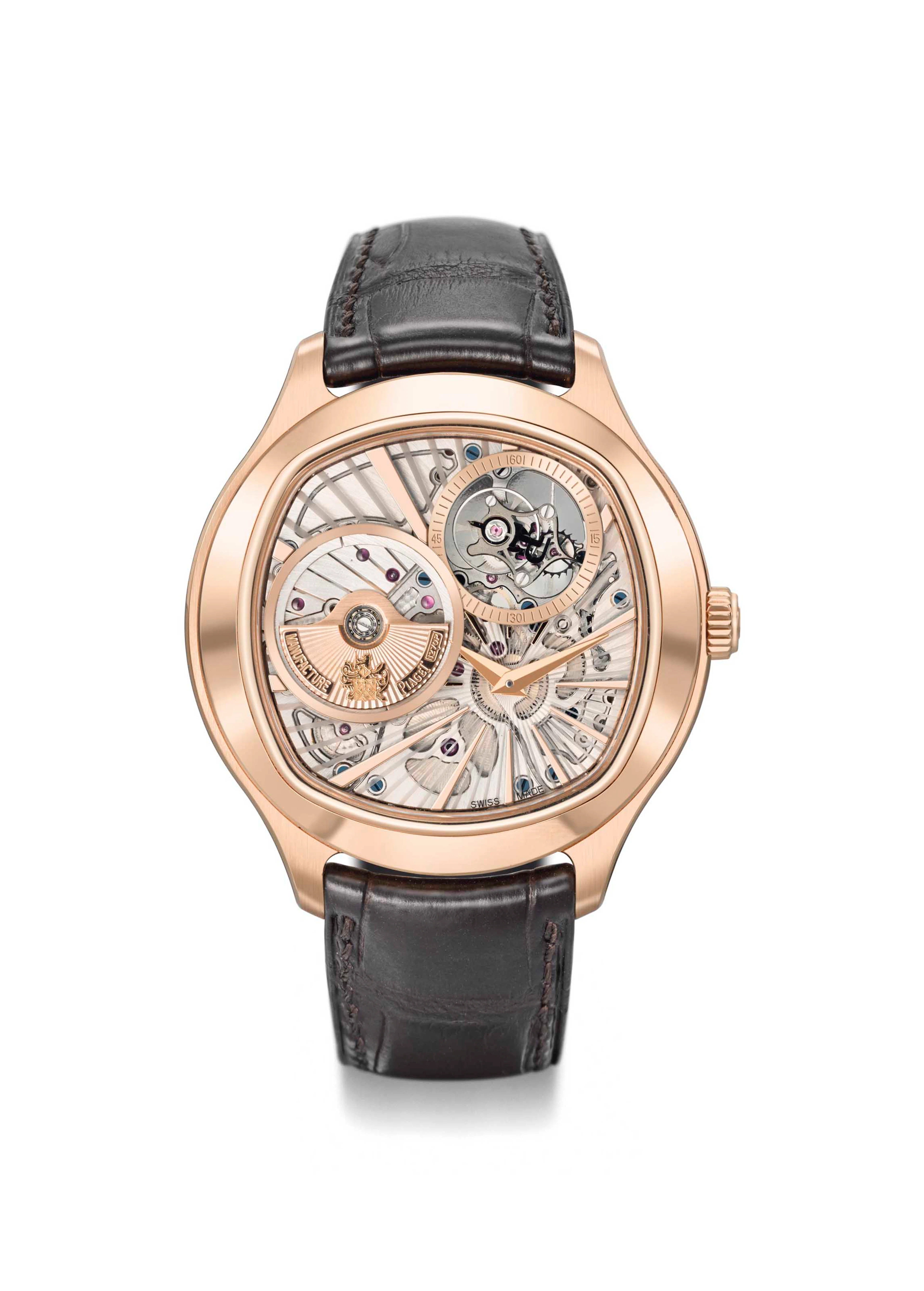 Piaget. A very fine and large 18K pink gold cushion-shaped semi-skeletonised...