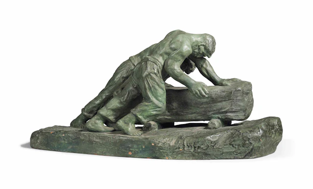 A belgian terracotta group of two stone masons