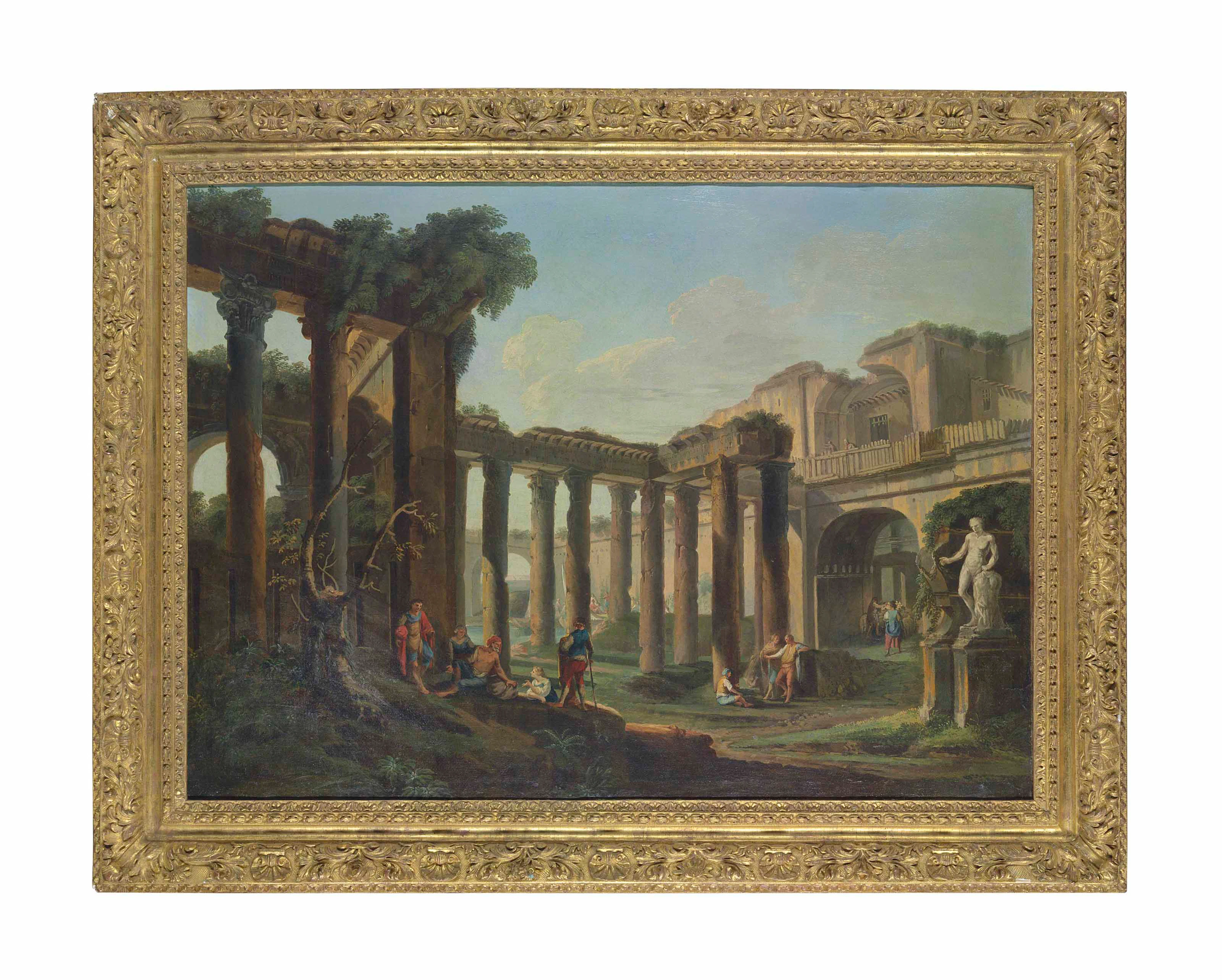 A capriccio with figures conversing among ruins