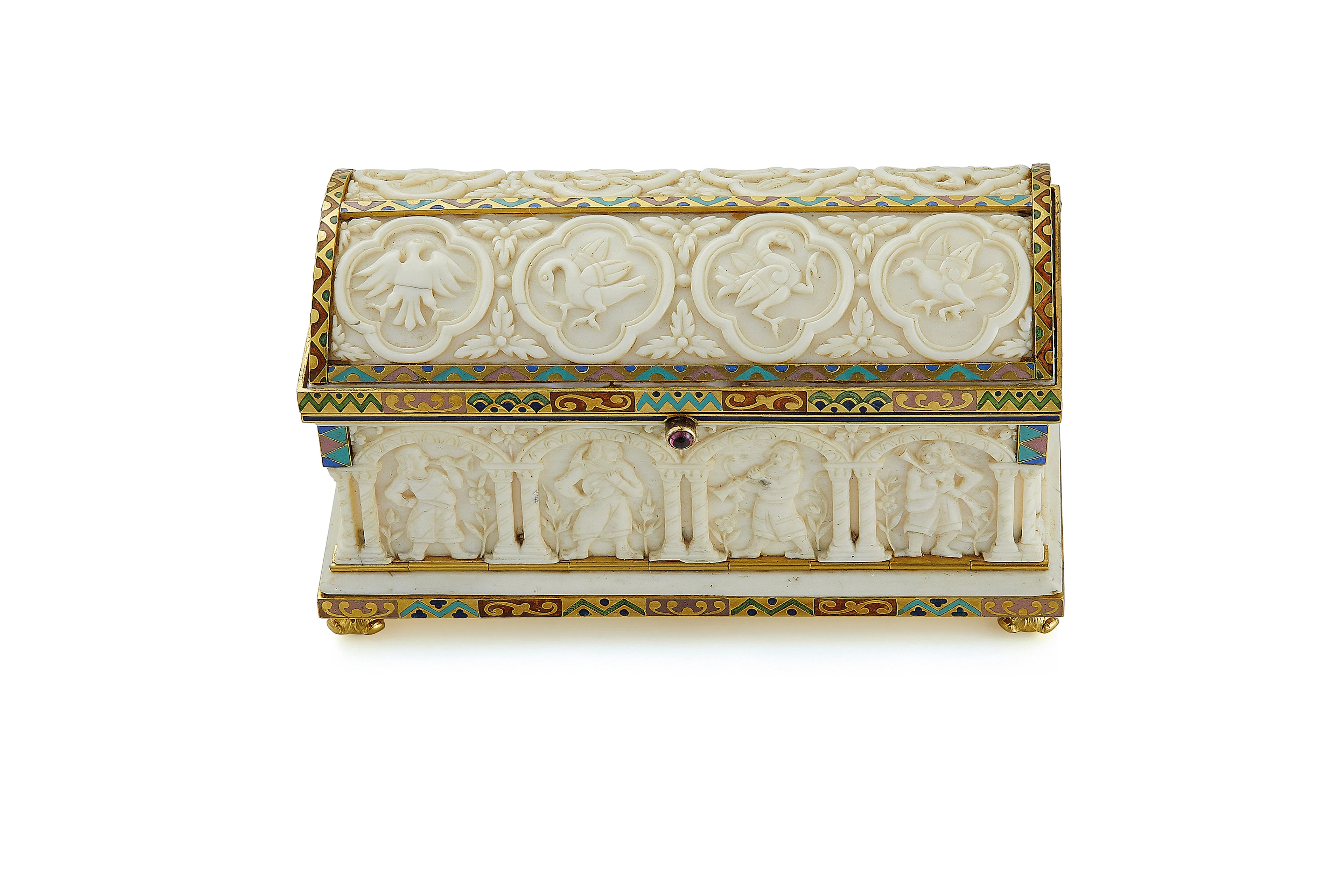 A late 19th century ivory, enamel and gold stamp box, by boucheron