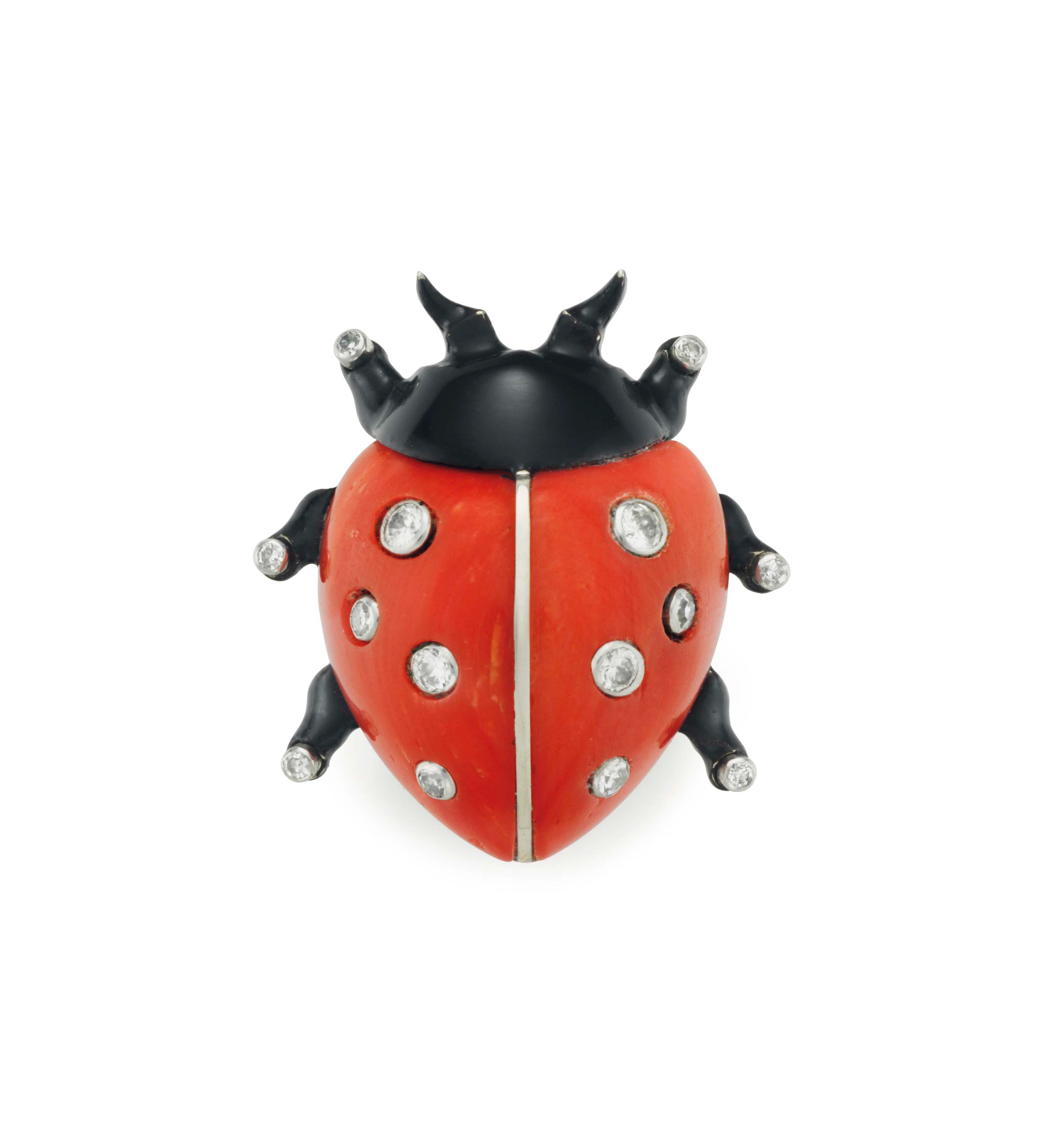 A coral, enamel and diamond ladybug brooch, by cartier