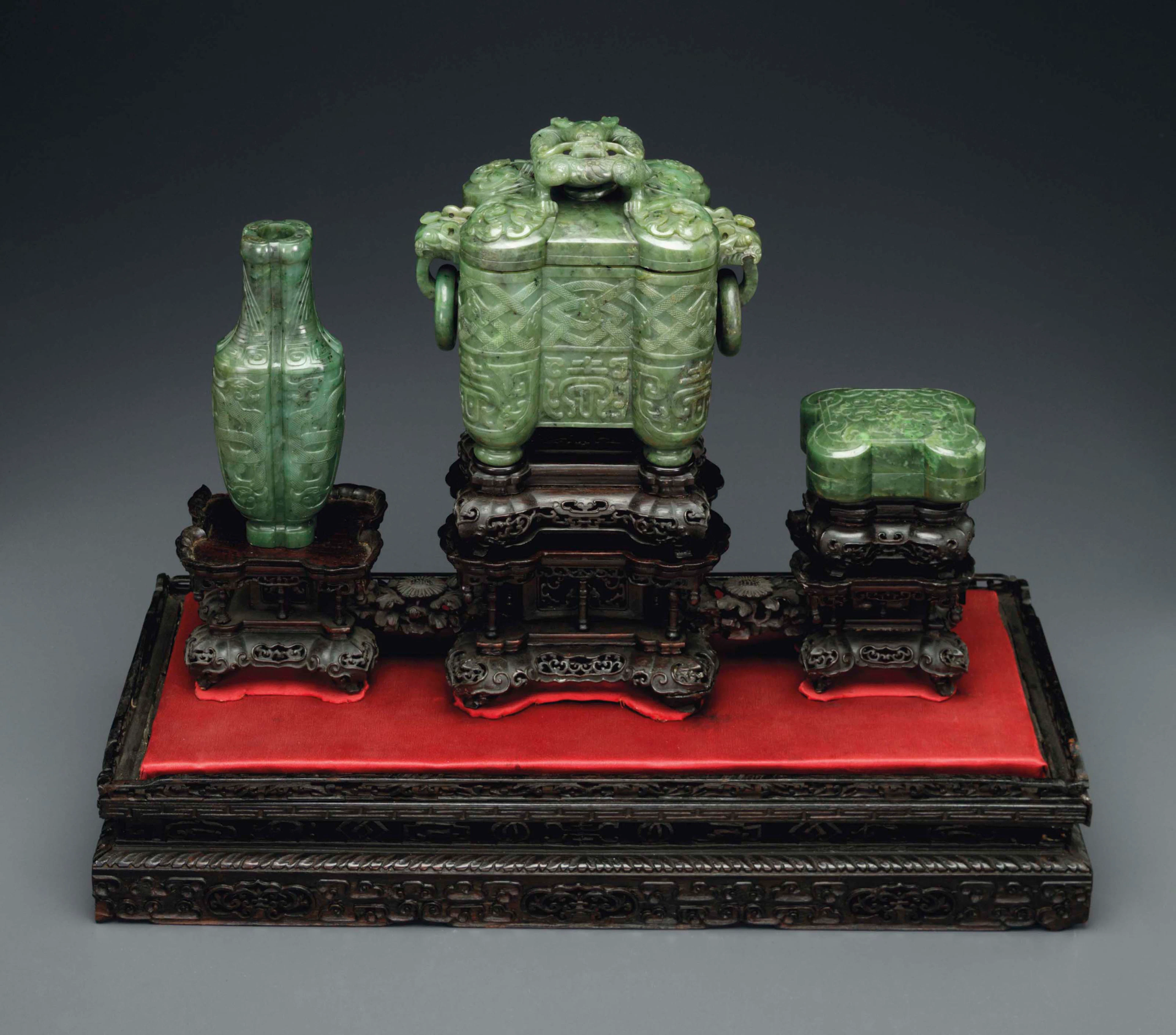A RARE THREE-PIECE GREEN JADE INCENSE GARNITURE 18TH CENTURY