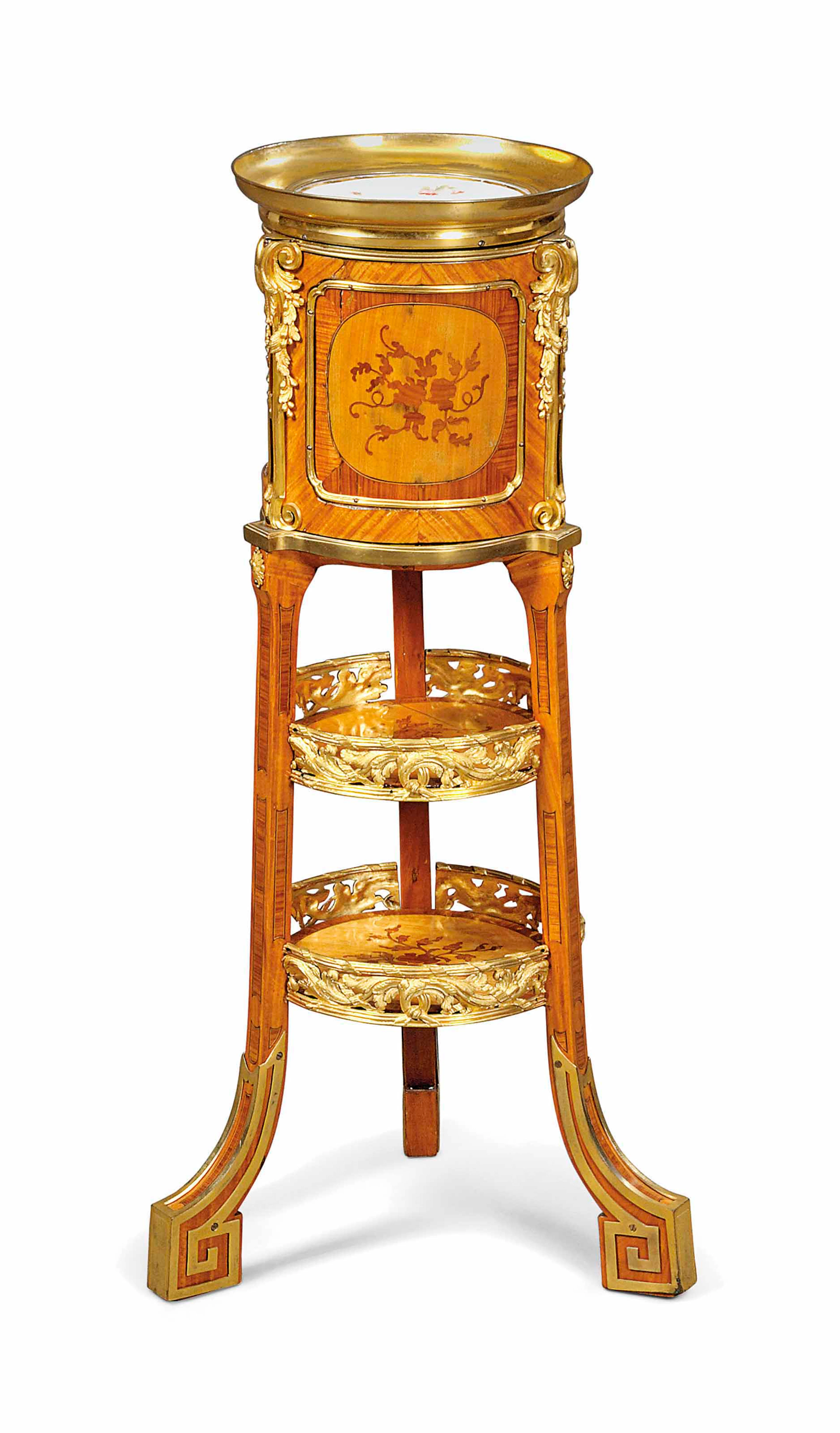 A french ormolu-mounted tulipwood and marquetry gueridon