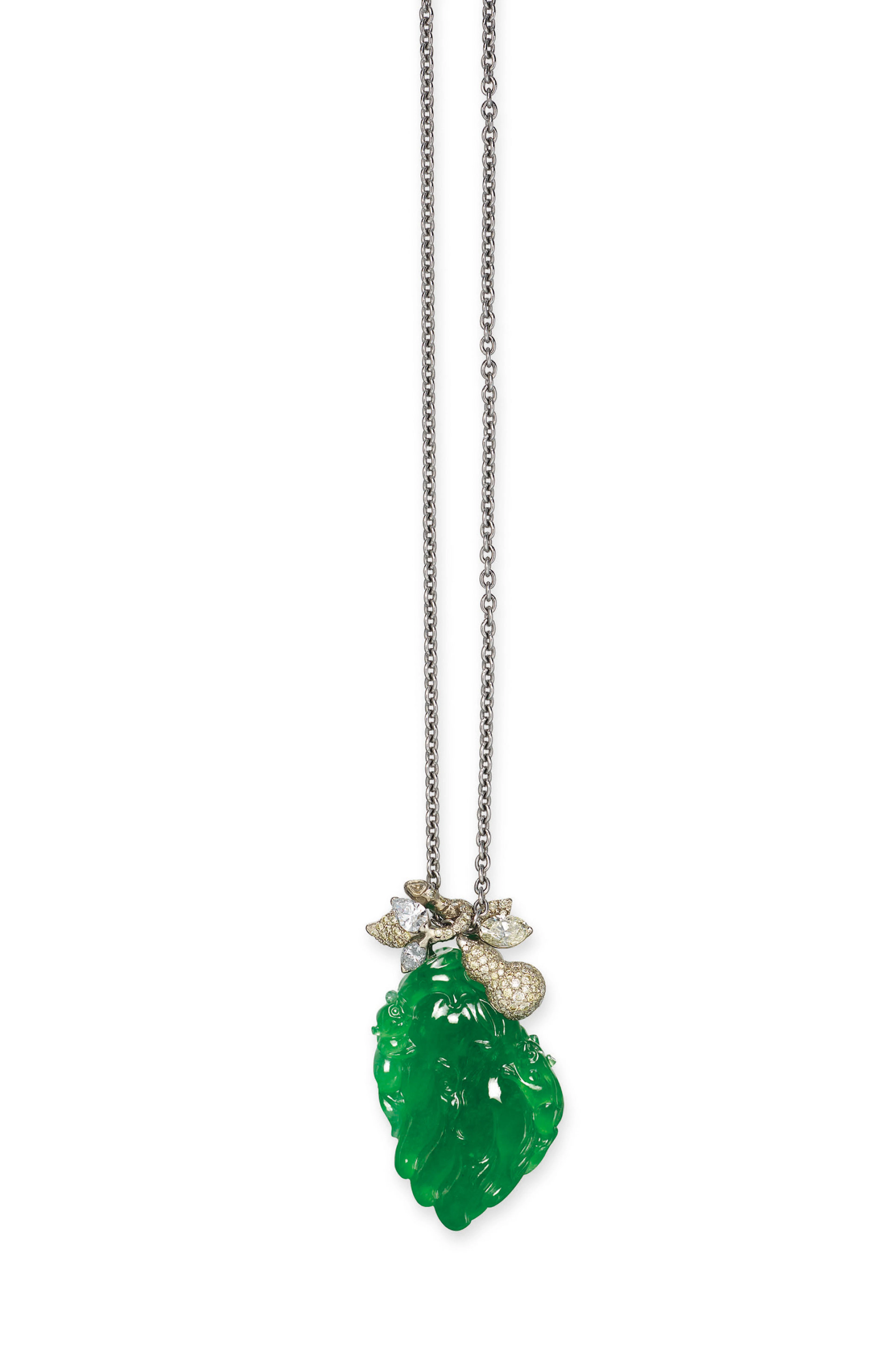 A JADEITE, DIAMOND AND COLOURED DIAMOND PENDANT NECKLACE, BY...