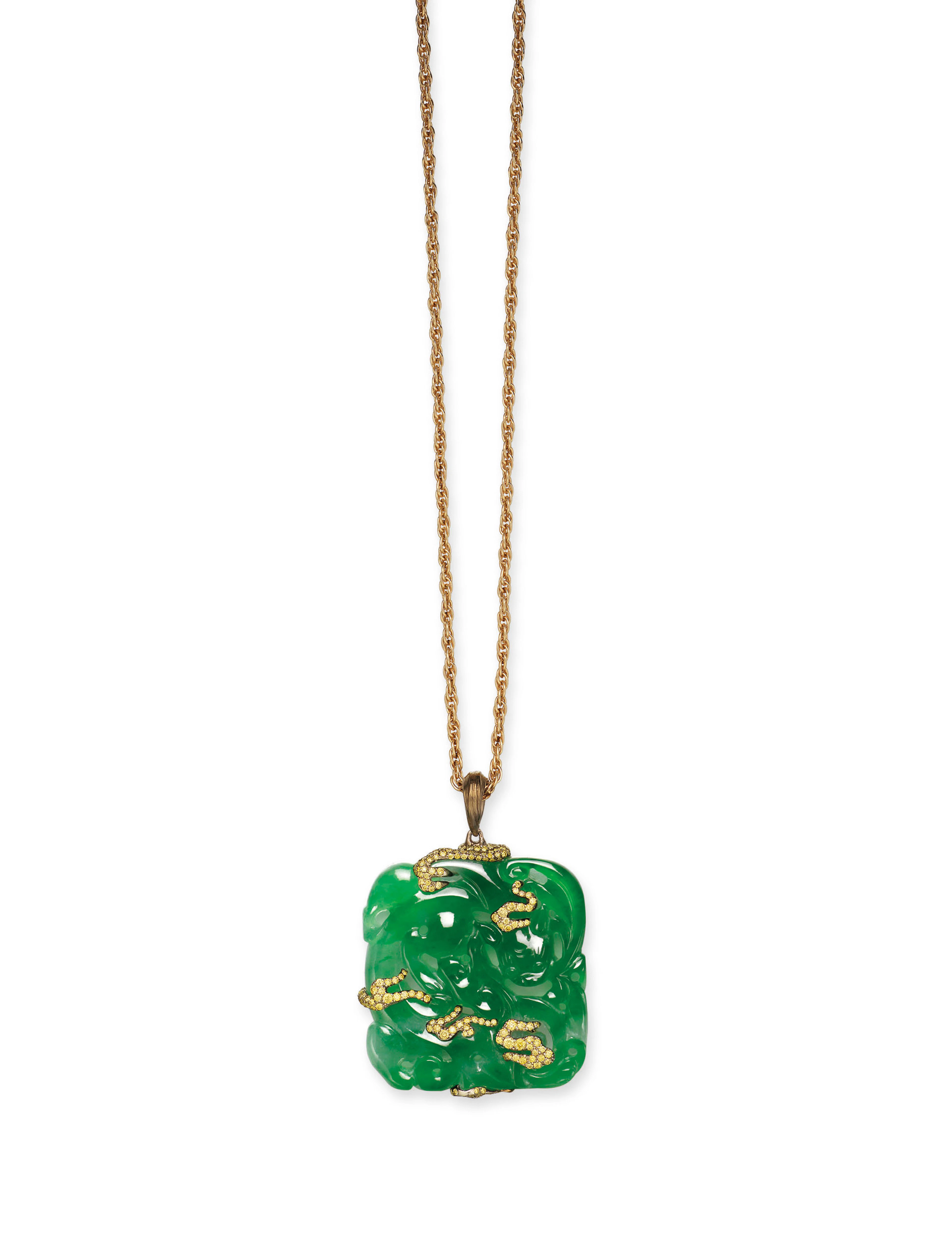 A JADEITE, COLOURED DIAMOND AND DIAMOND PENDANT NECKLACE, BY...