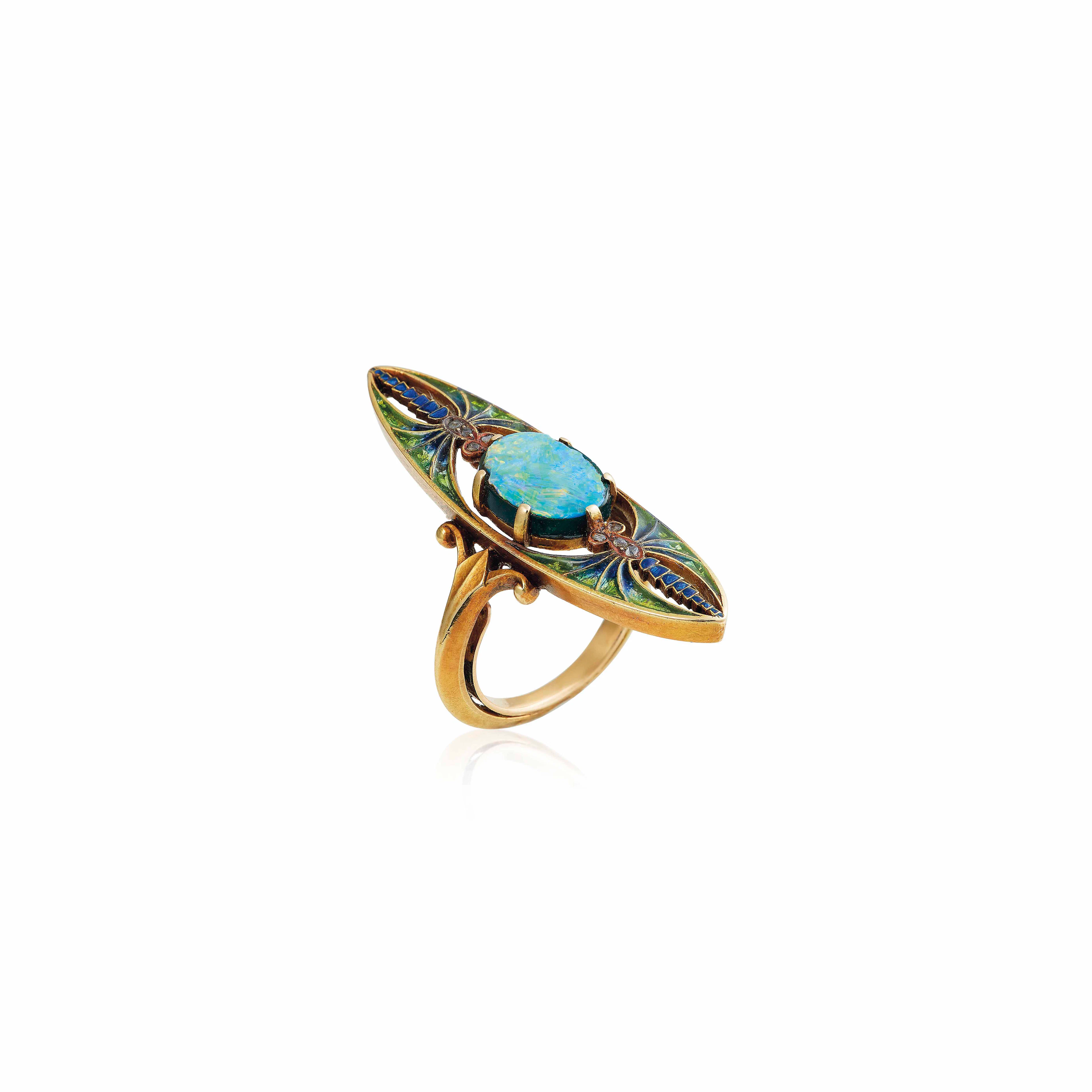 An art nouveau doublet opal, enamel and diamond ring, by eugène feuillâtre