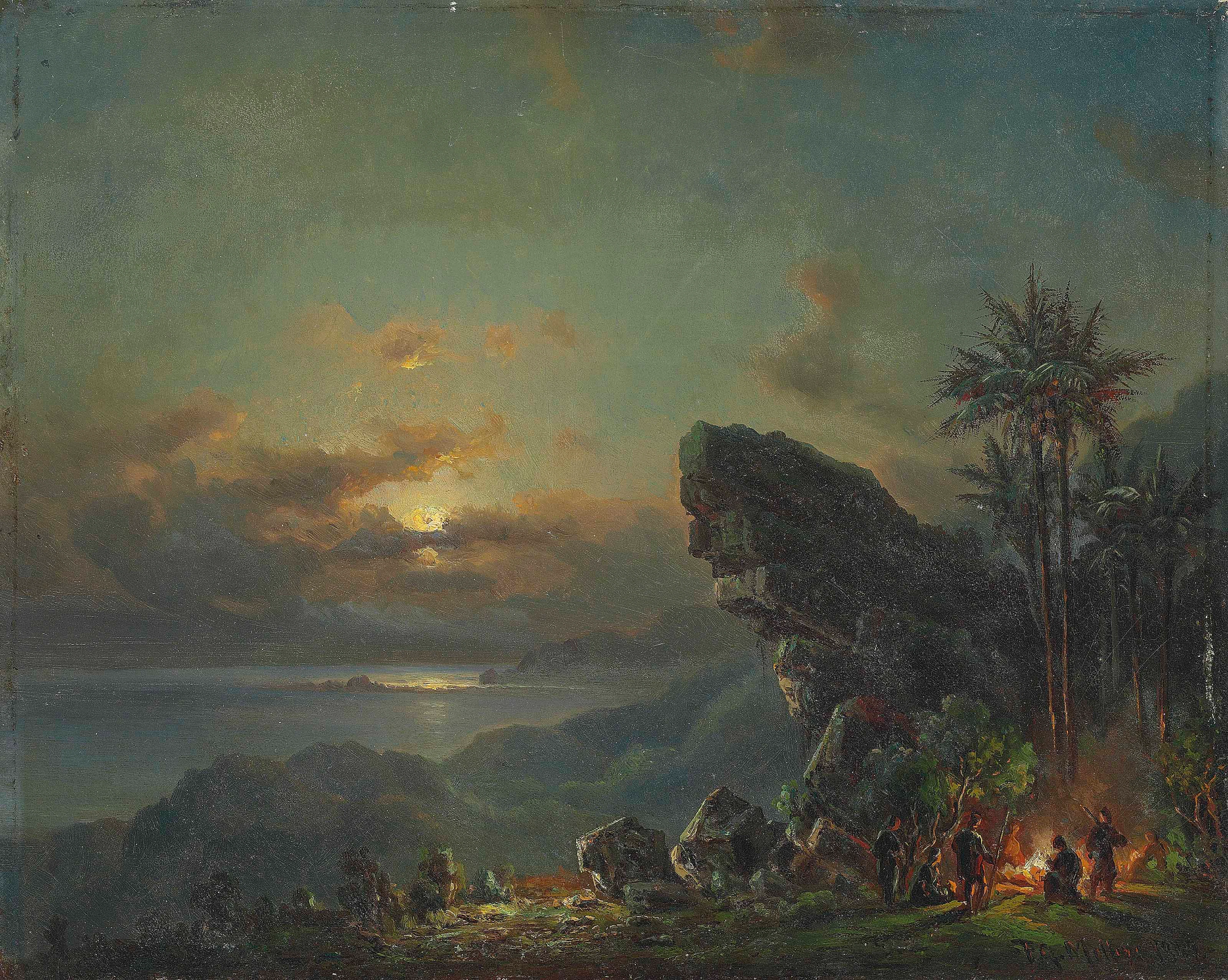 Sunset on the Venezuelan coast with a hunting party around a fire