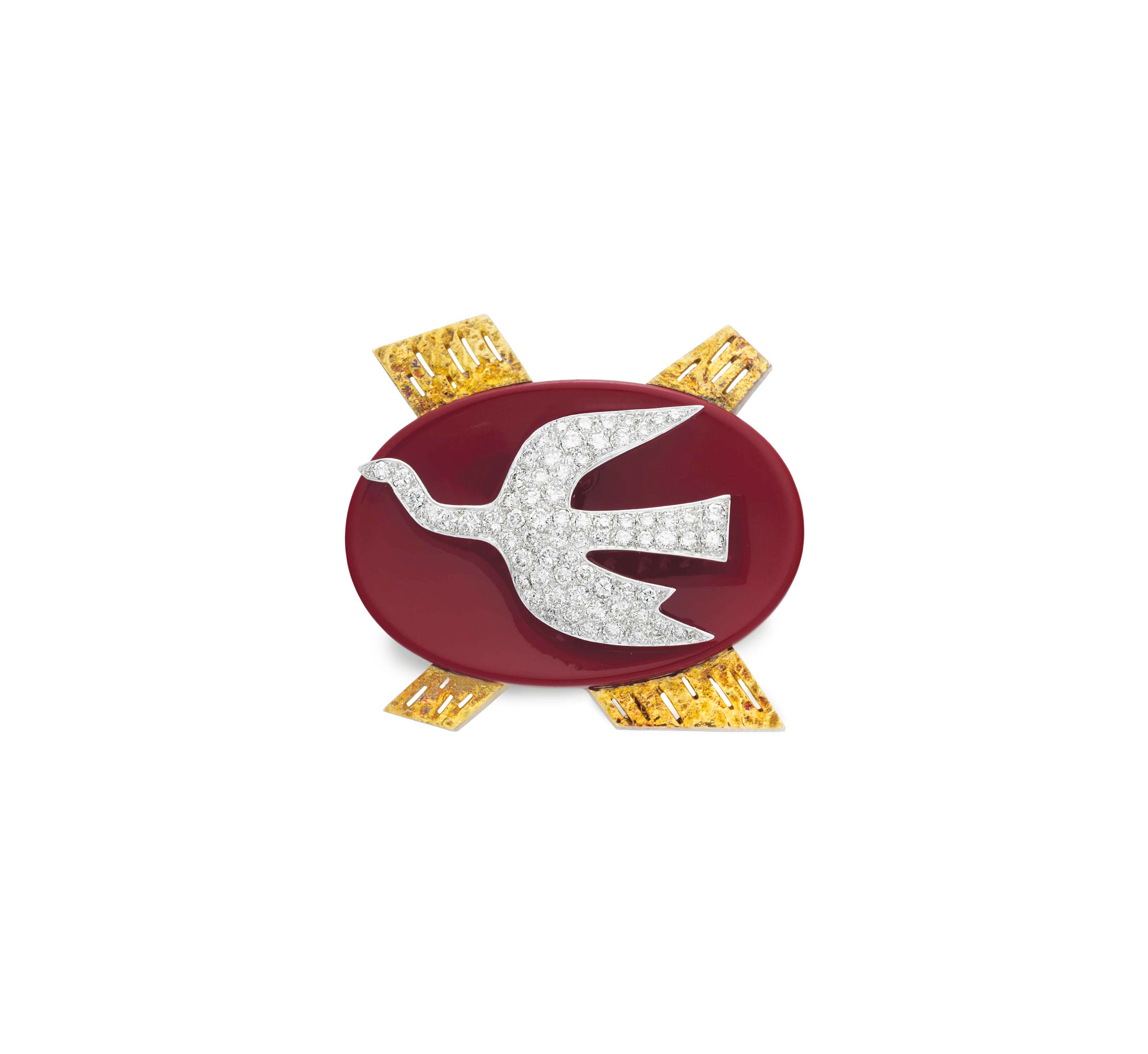 A DIAMOND, ENAMEL AND GOLD 'ICARIOS' BROOCH, BY GEORGES BRAQ...