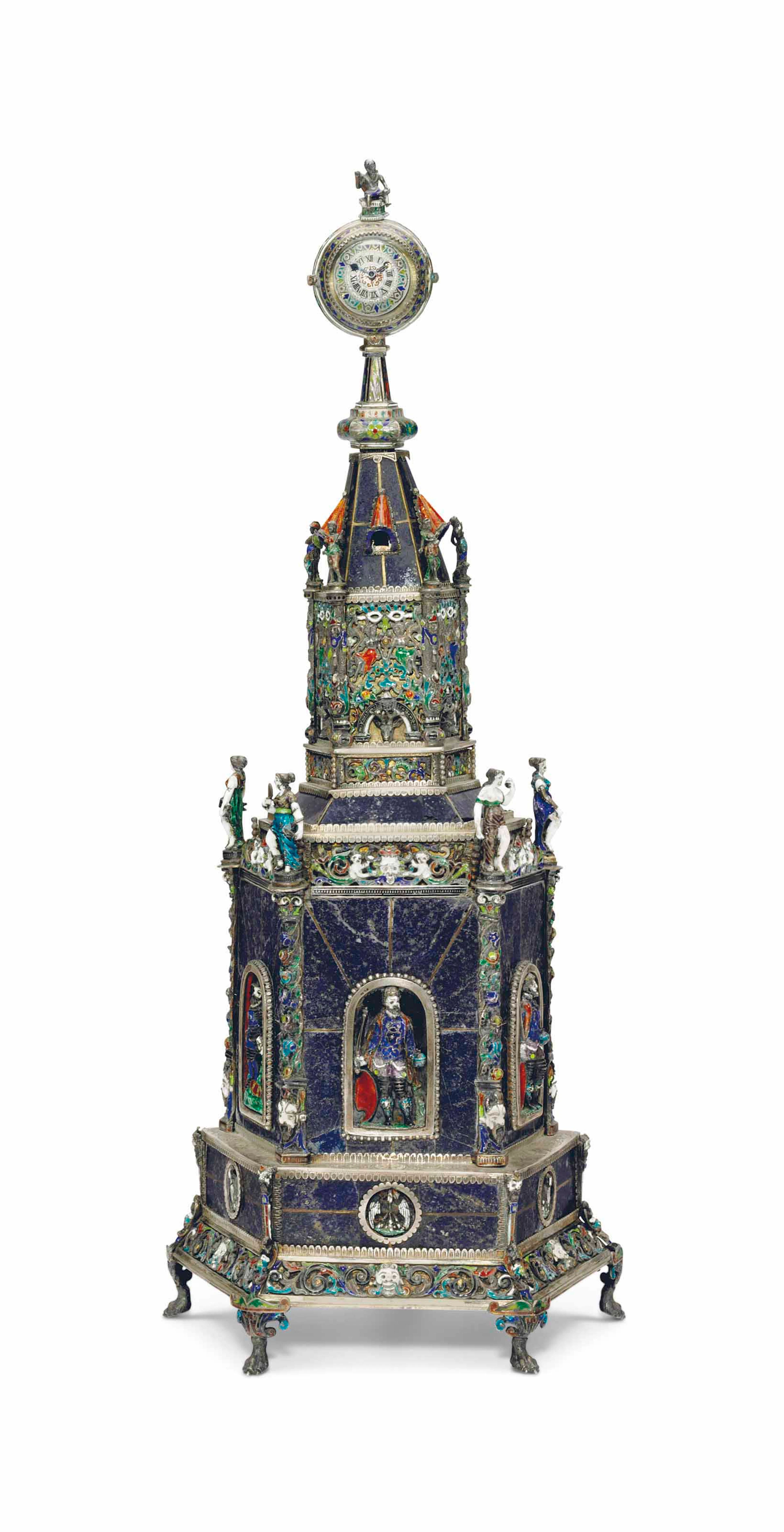 A viennese silver, enamel and lapis lazuli pentagonal tower-form clock