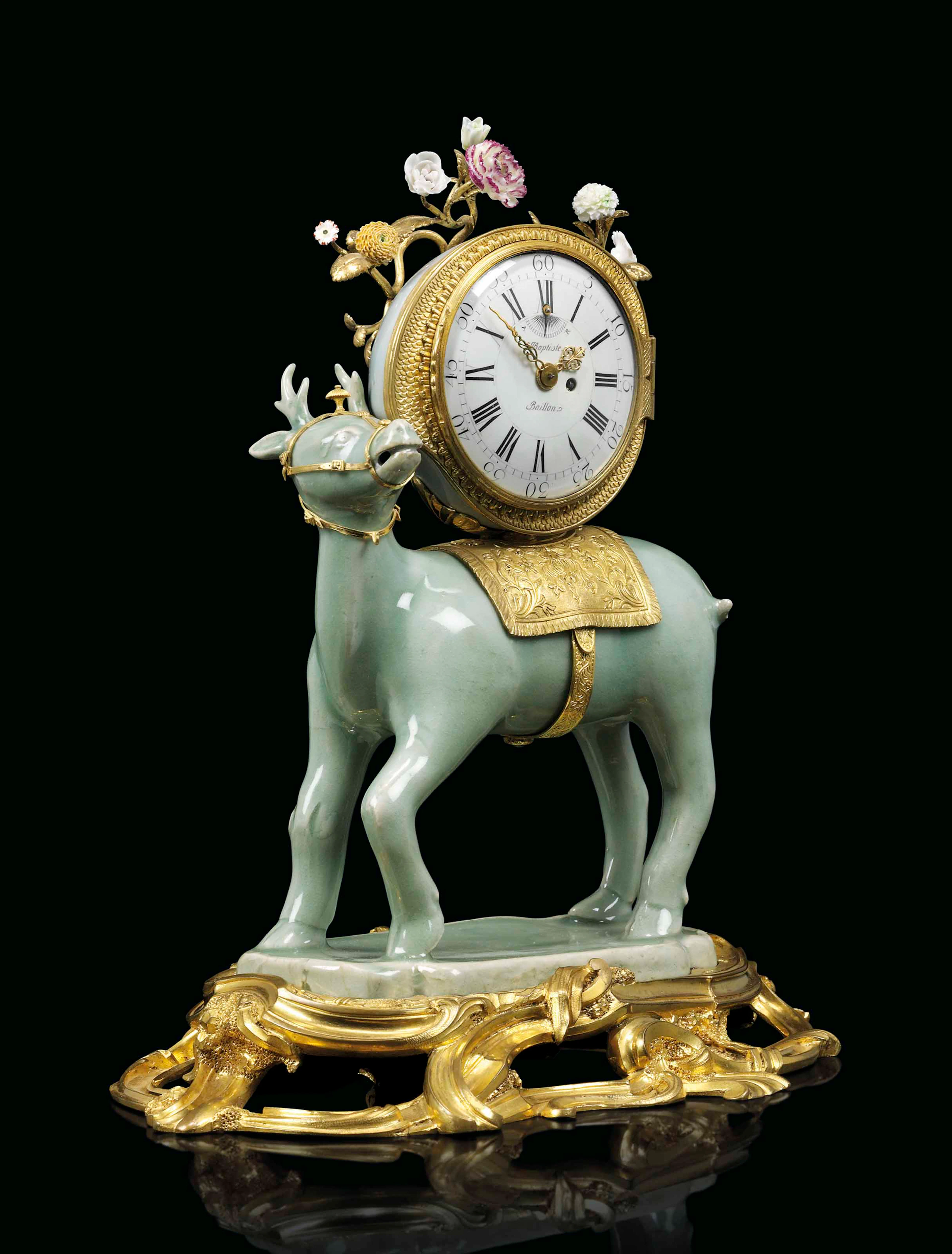 A louis xv ormolu-mounted chinese celadon and meissen porcelain clock