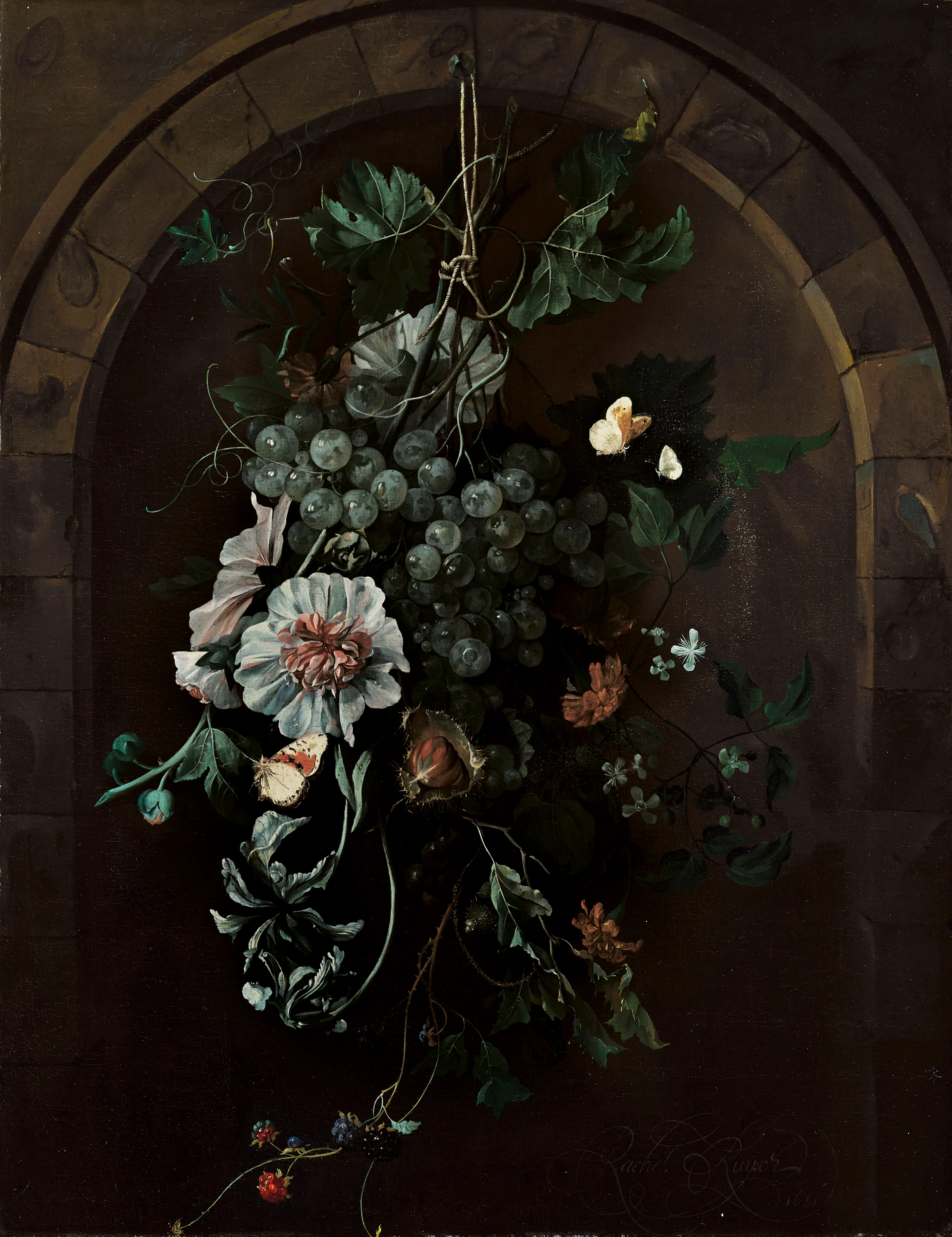 Rachel Ruysch (The Hague 1664-1750 Amsterdam) A swag of grapes, hollyhocks