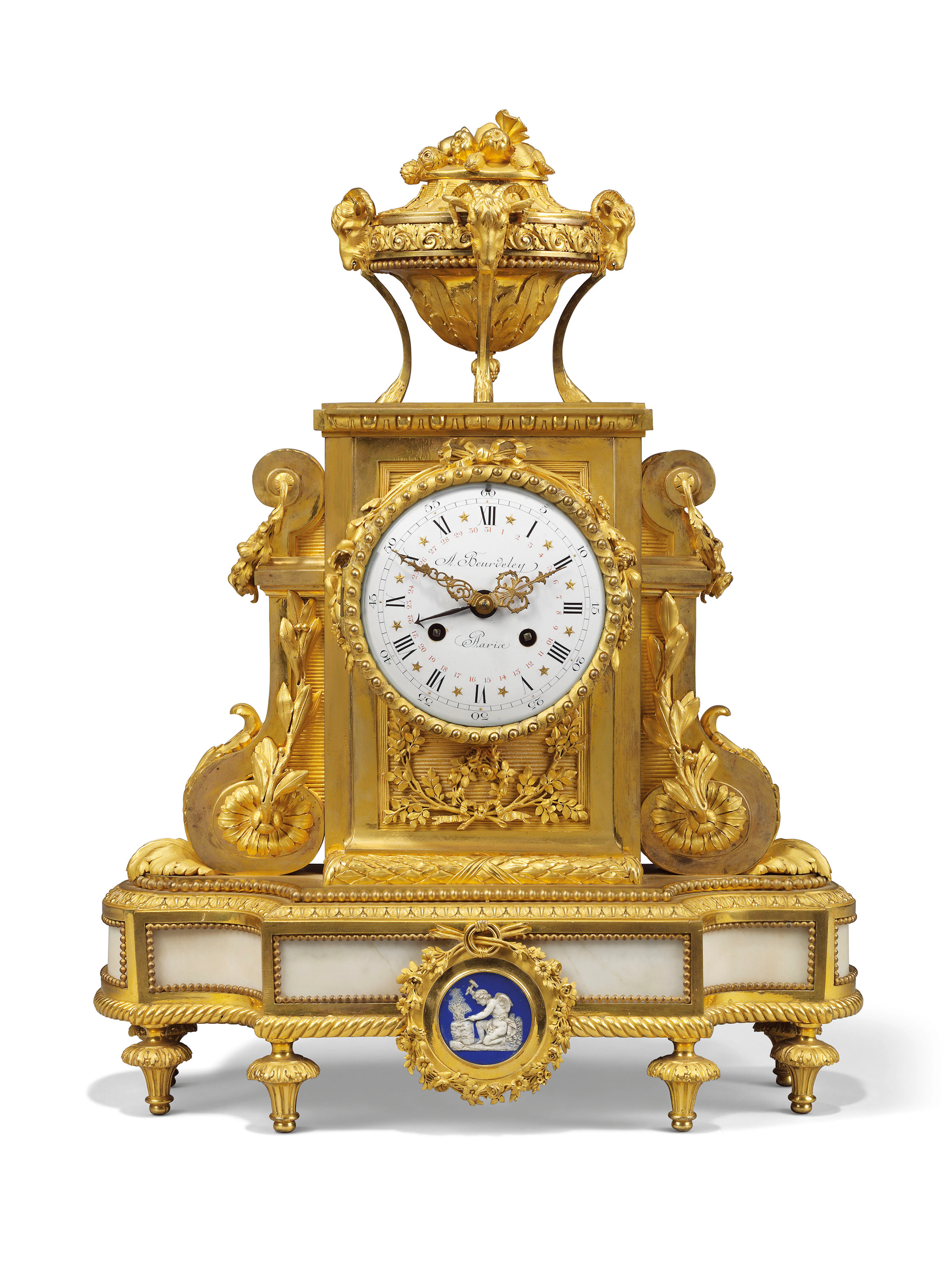 A french ormolu and white marble mantle clock