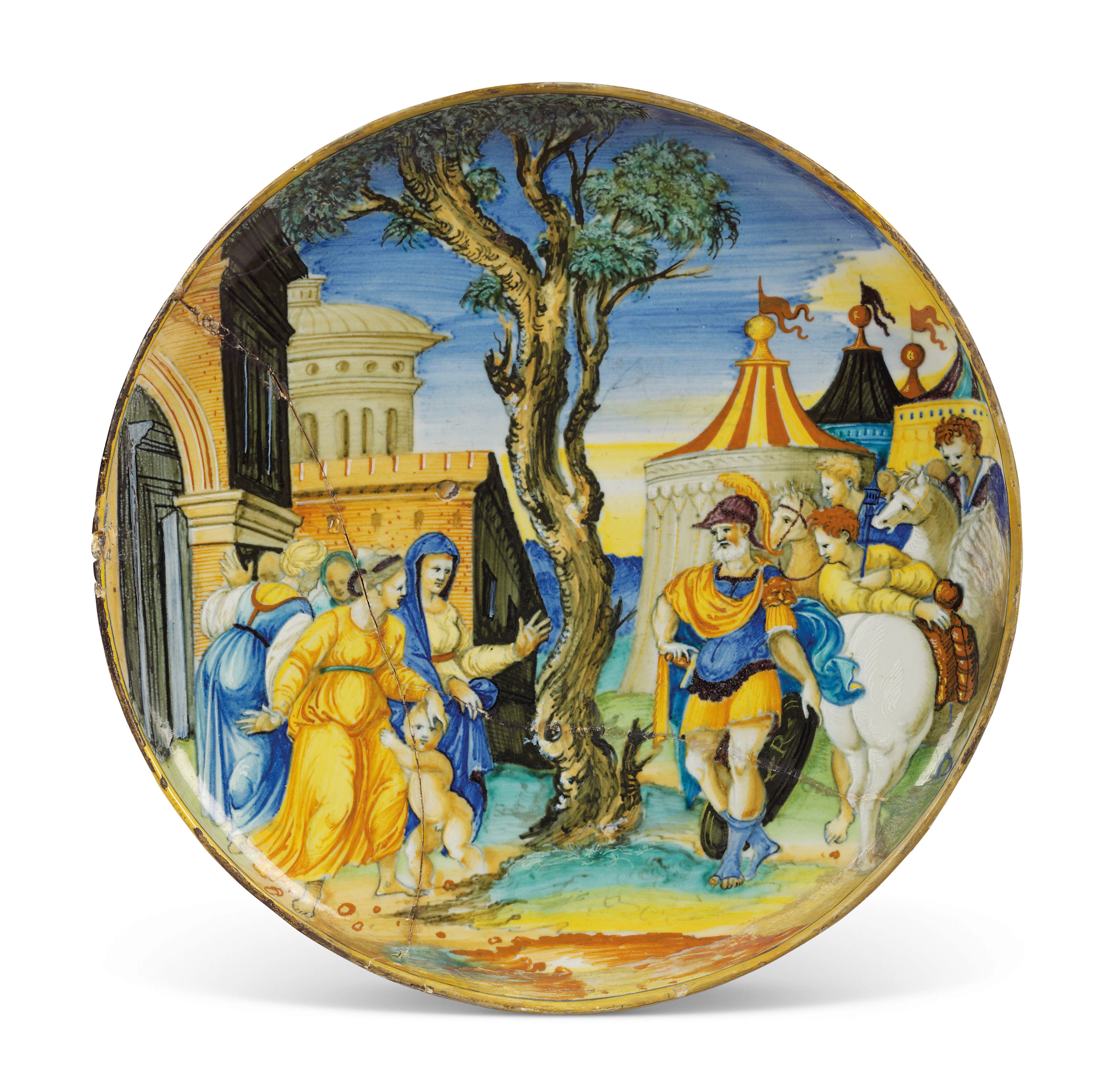 An urbino maiolica istoriato footed dish (coppa)