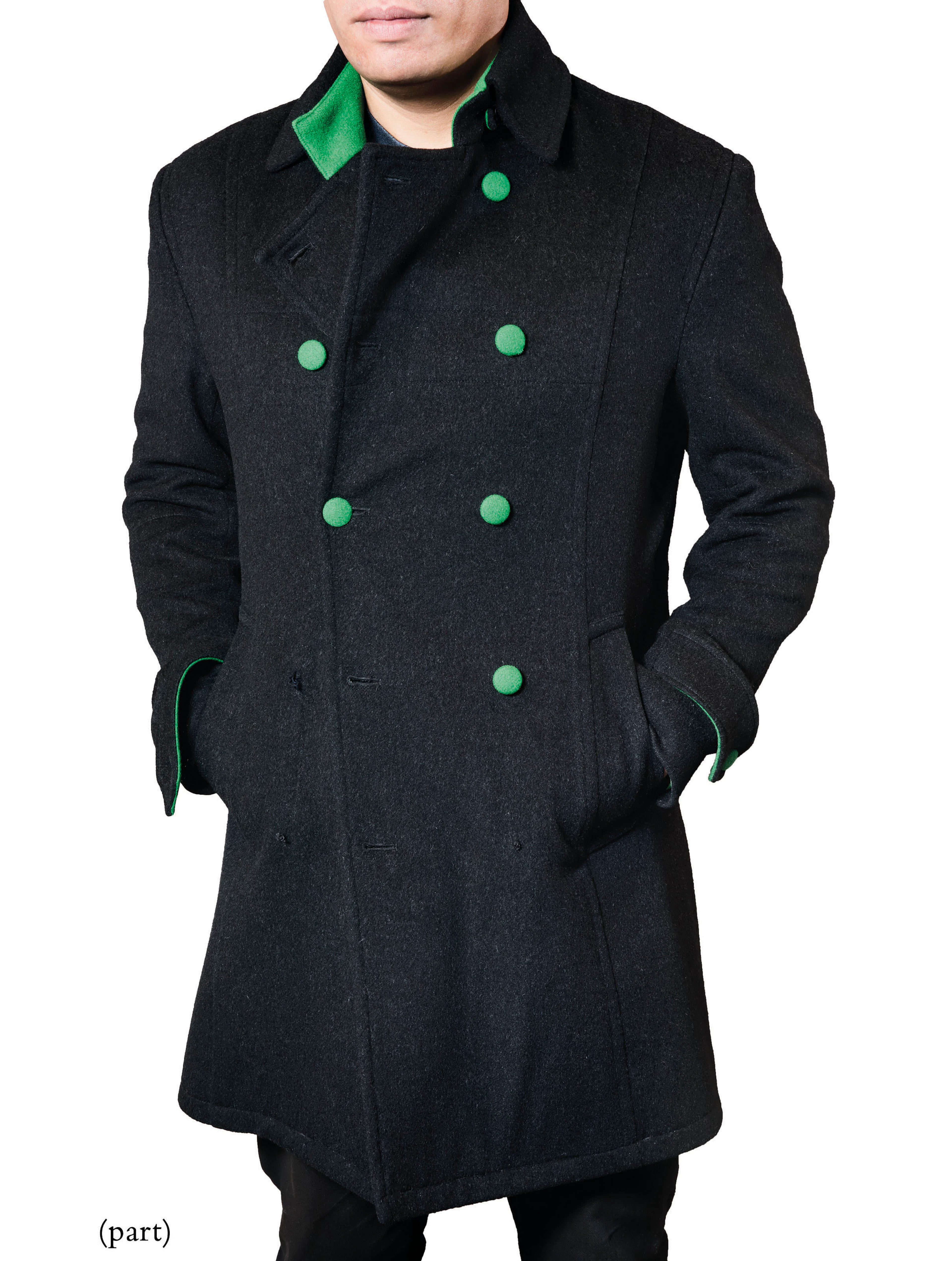 Annabel's doorman's wool coat with green buttons and trim