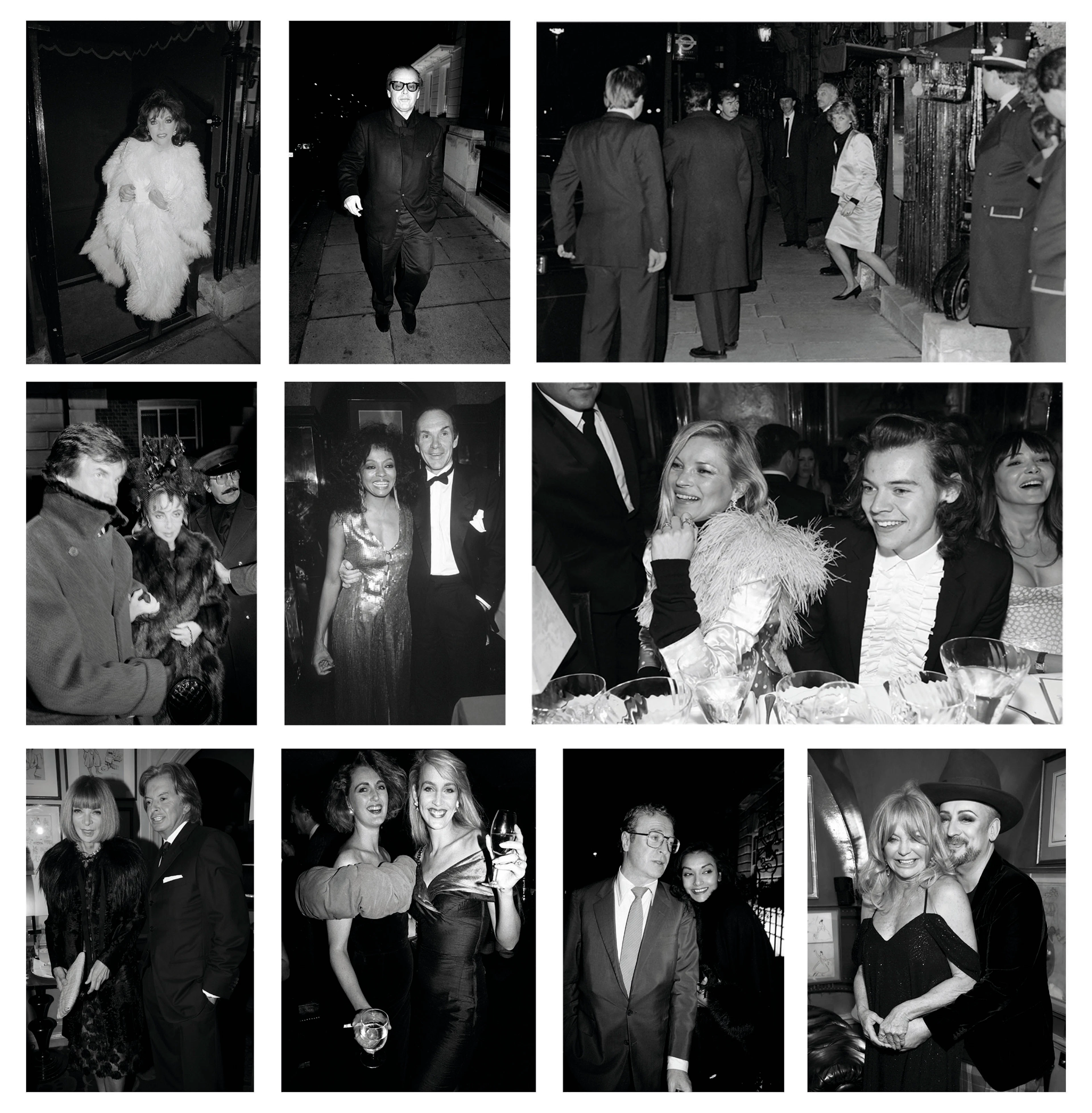 Ten black and white photographs taken at Annabel's depicting Joan Collins
