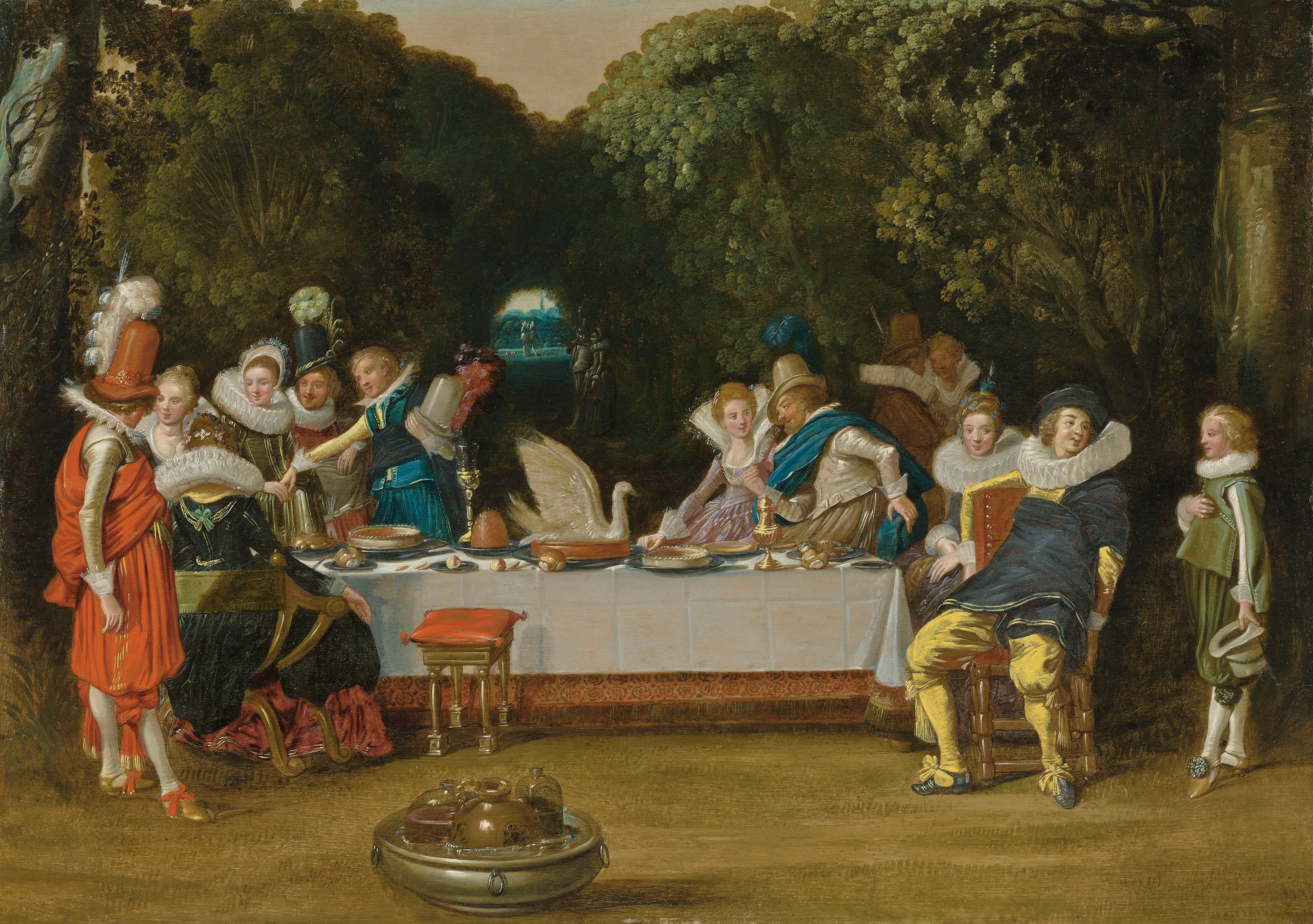 Elegant figures feasting in a garden