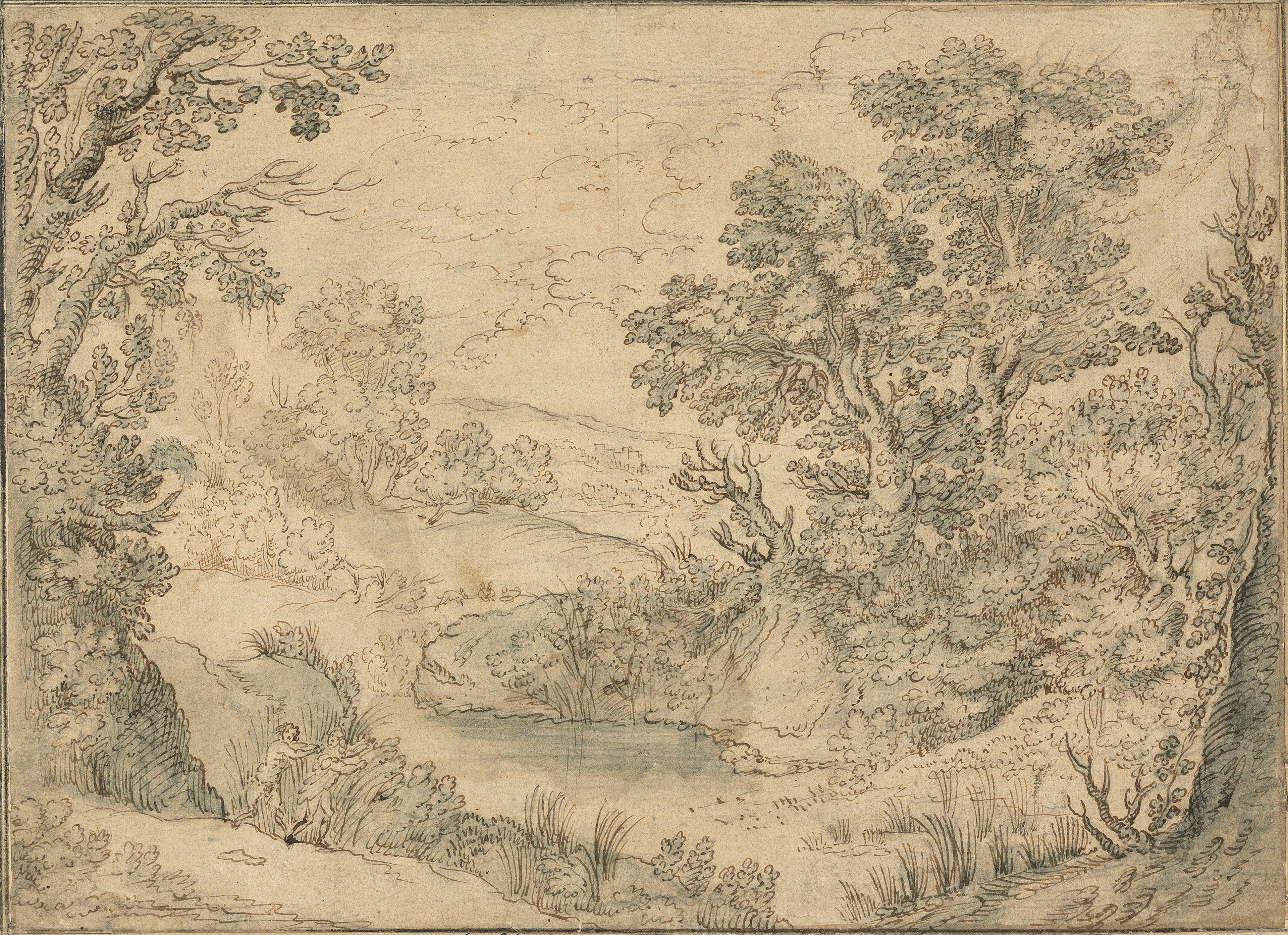 Pan and Syrinx in a wooded lake landscape