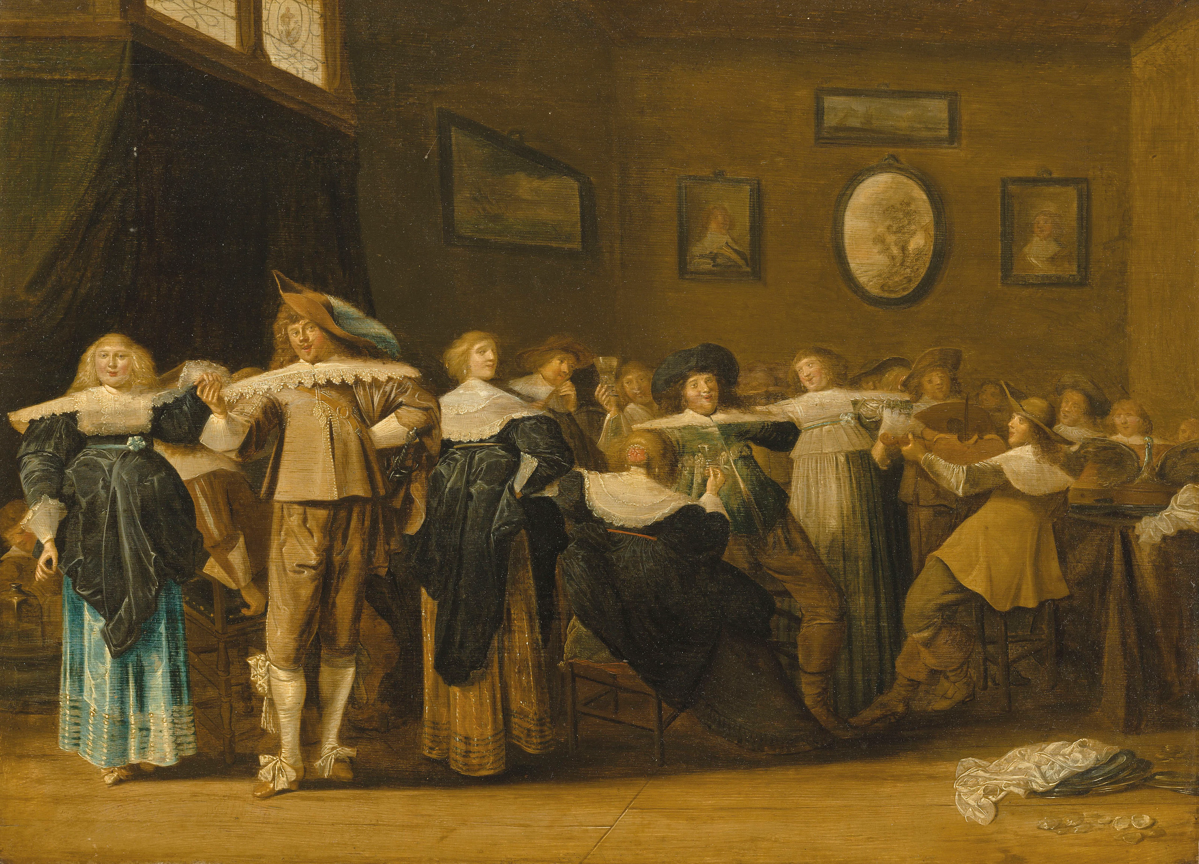 A merry company drinking and making music