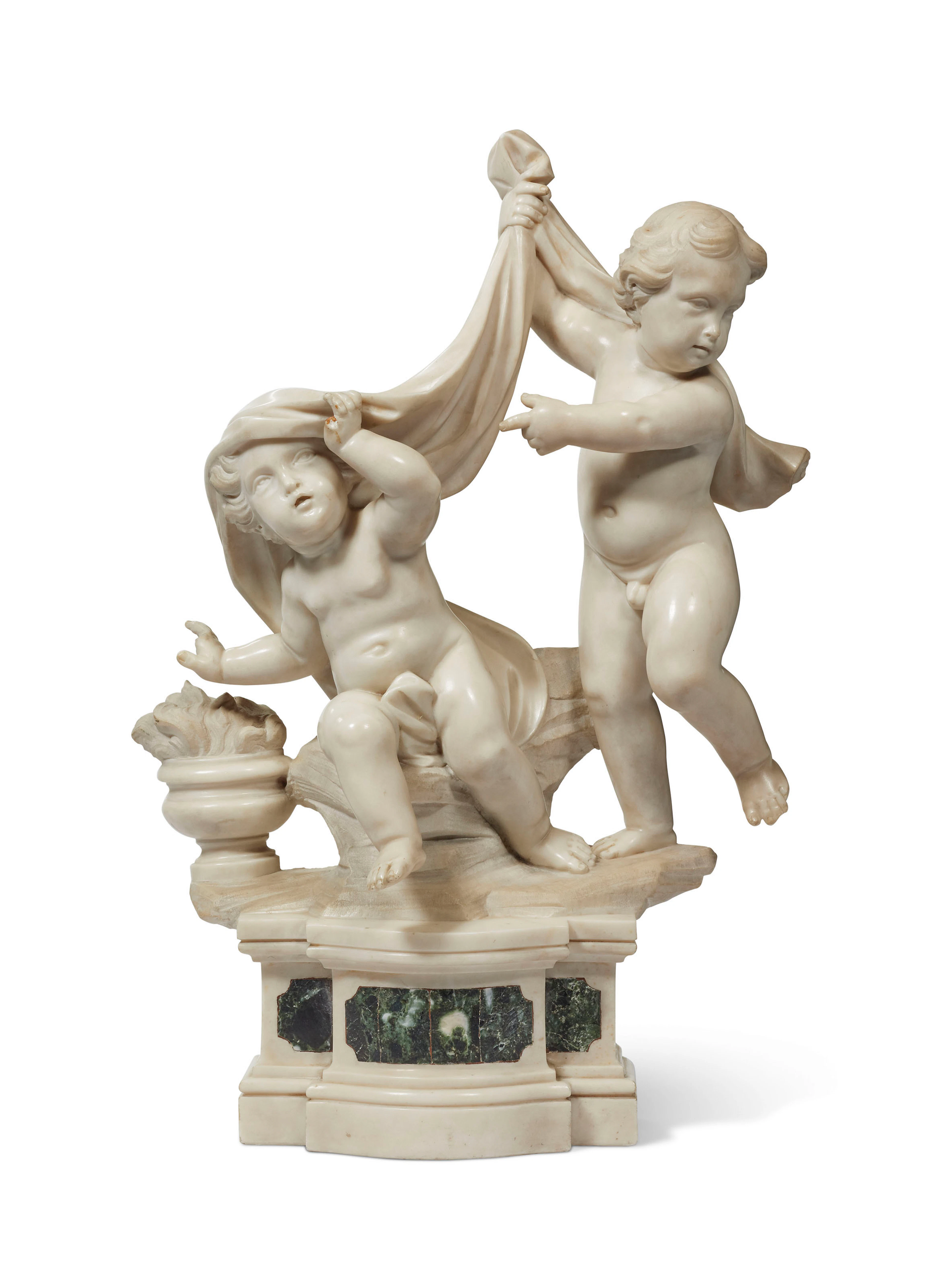 Groupe en marbre blanc figurant 'l'amour devoile'