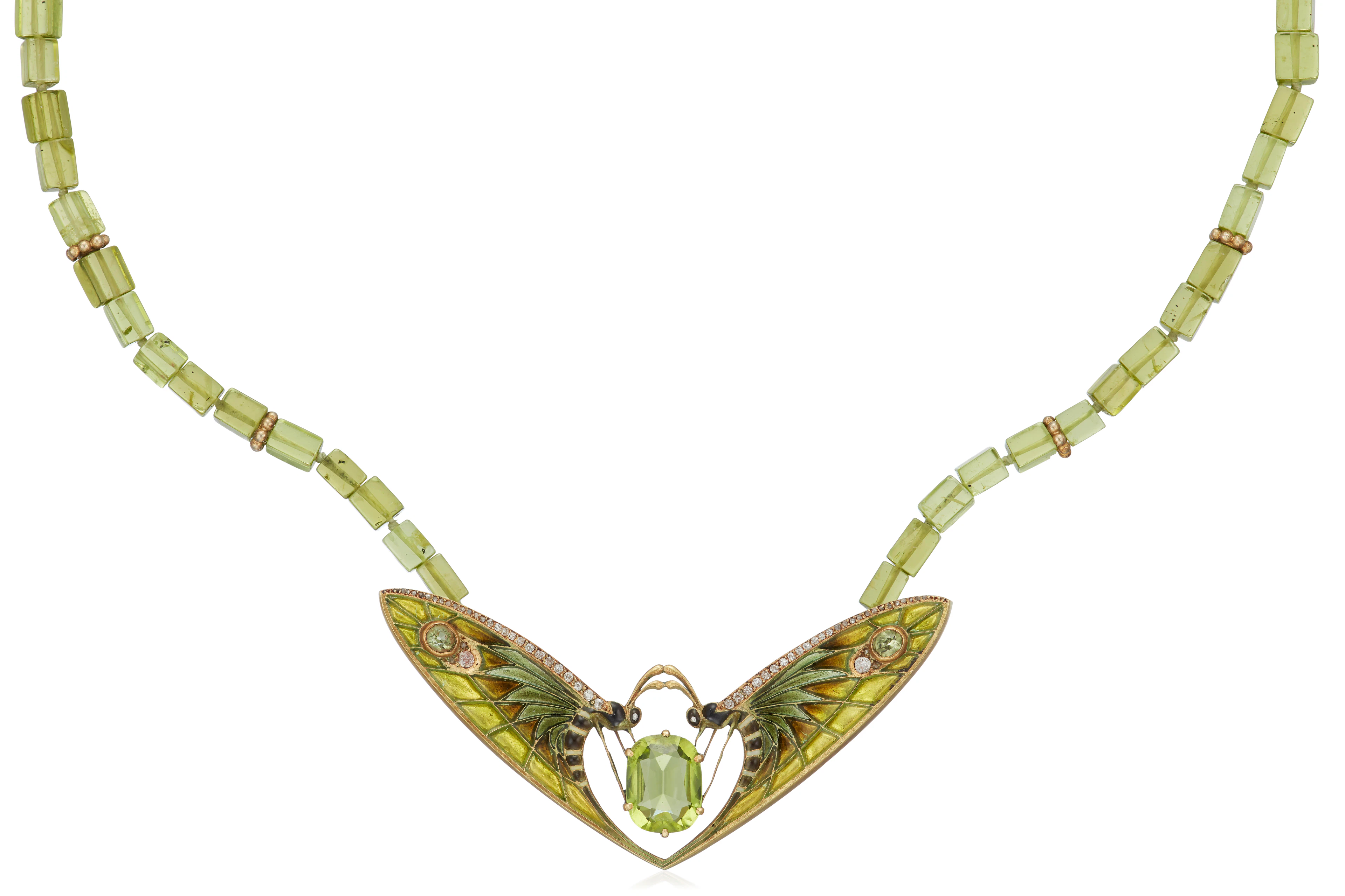 ART NOUVEAU PERIDOT, DIAMOND AND ENAMEL PENDANT