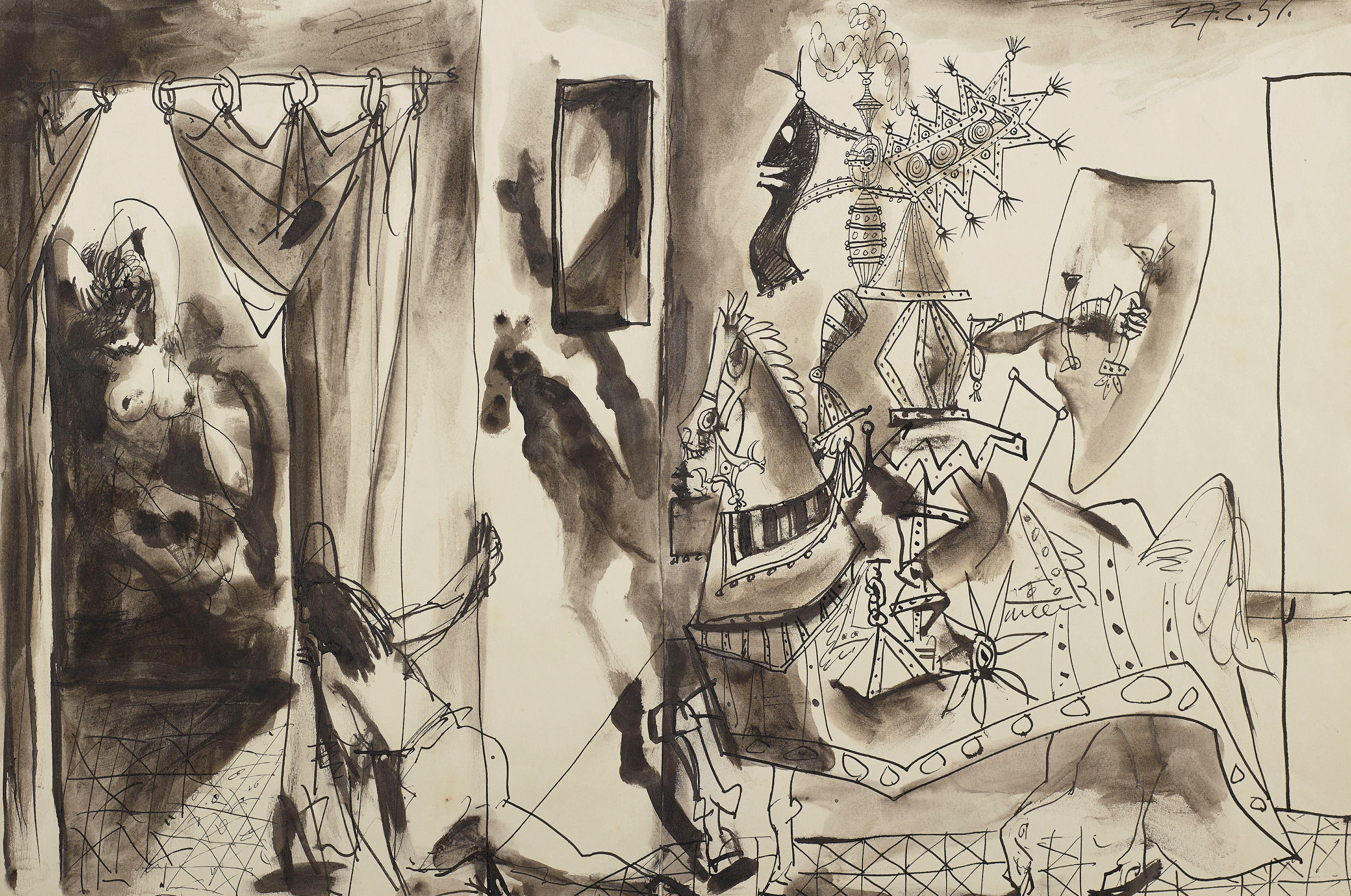Chevalier en armure, page et femme nue