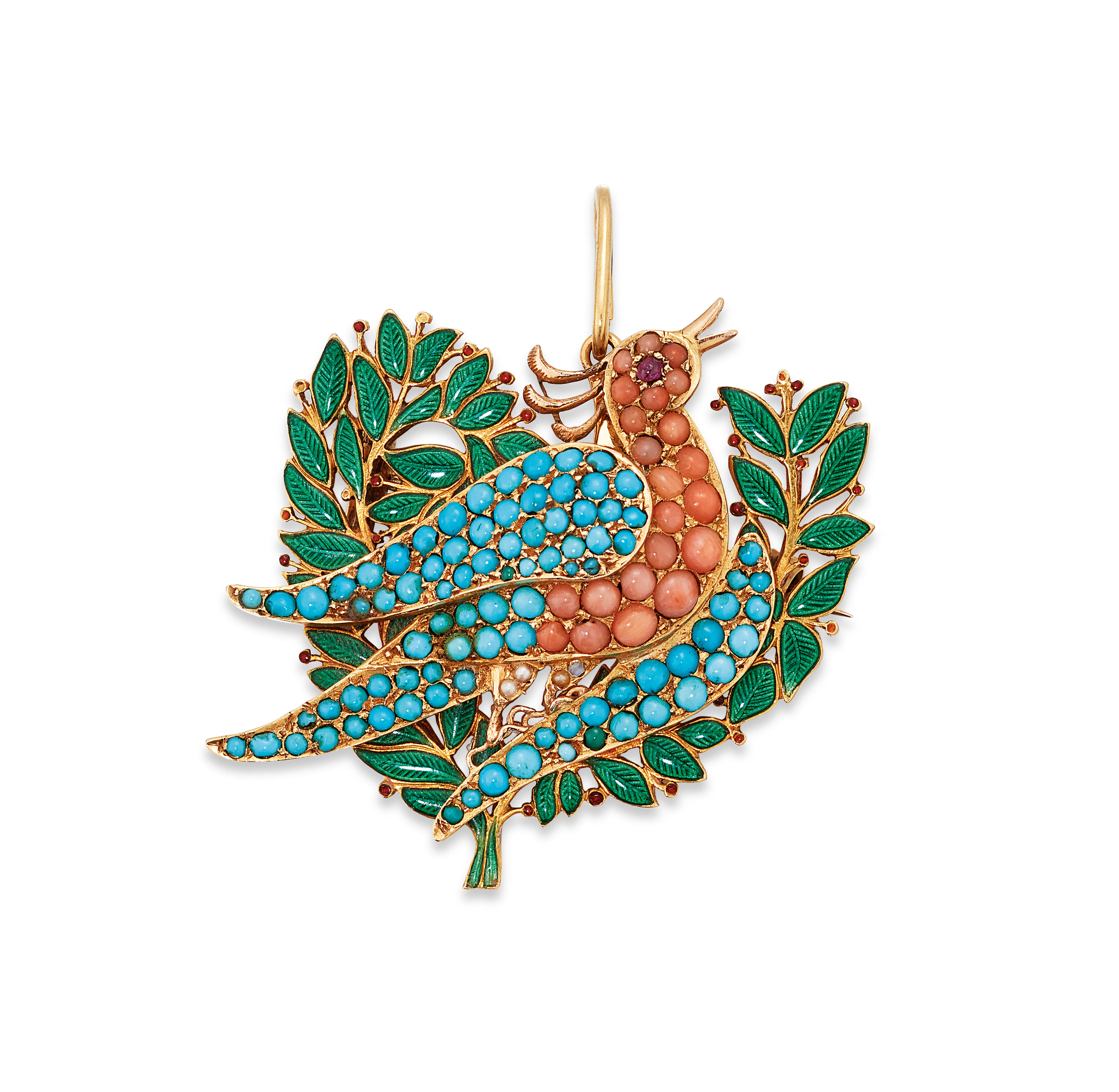 A MULTI-GEM AND ENAMEL BIRD BROOCH / PENDANT