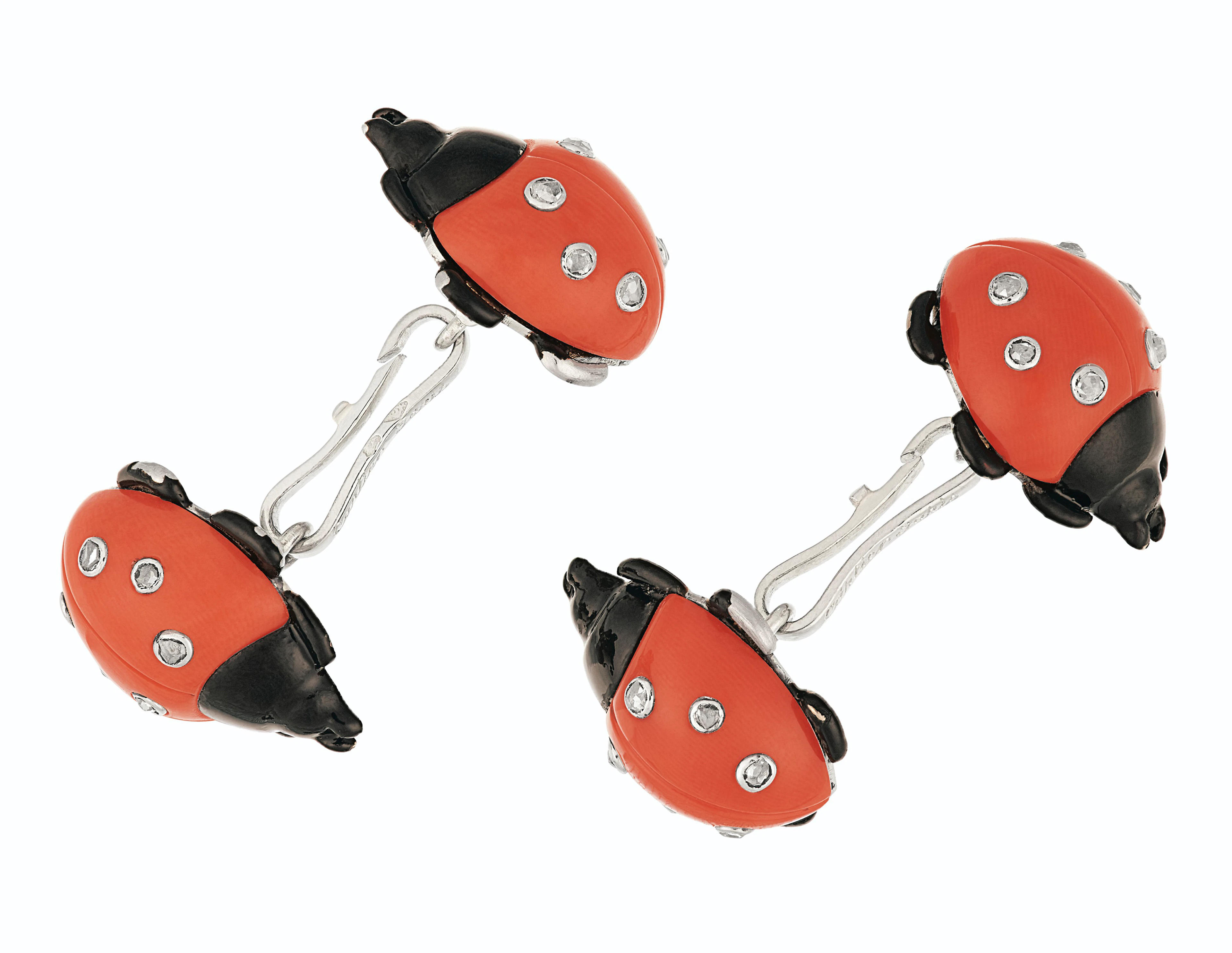 ART DECO CORAL, DIAMOND AND ENAMEL LADYBUG CUFFLINKS, CARTIER
