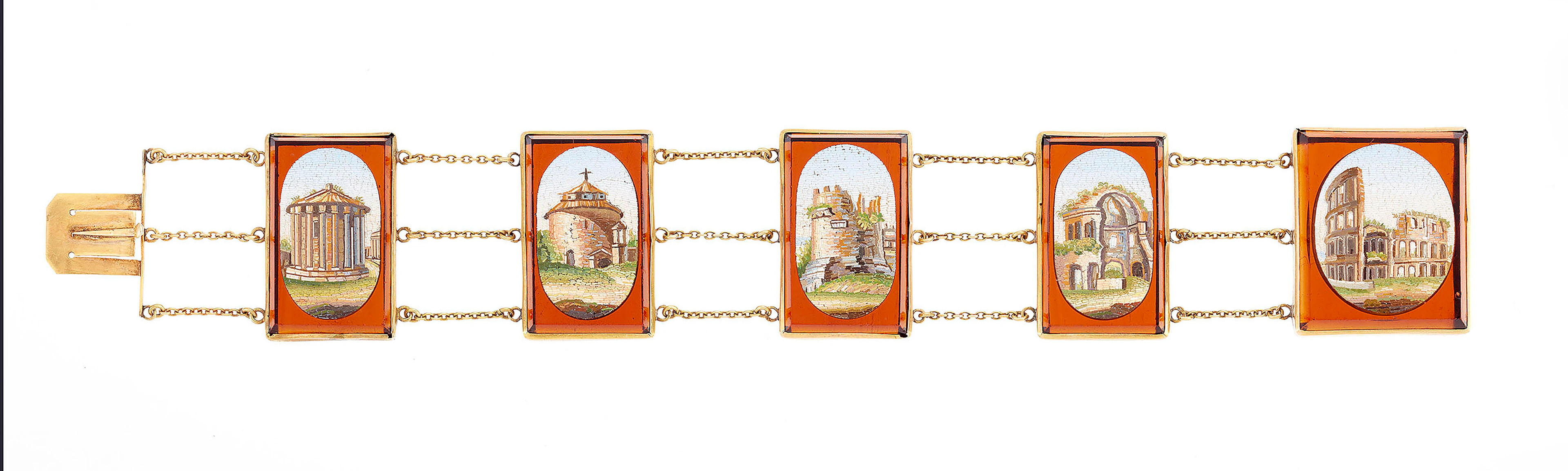 AN ITALIAN GOLD-MOUNTED BRACELET SET WITH MICROMOSAIC PLAQUES – ROME