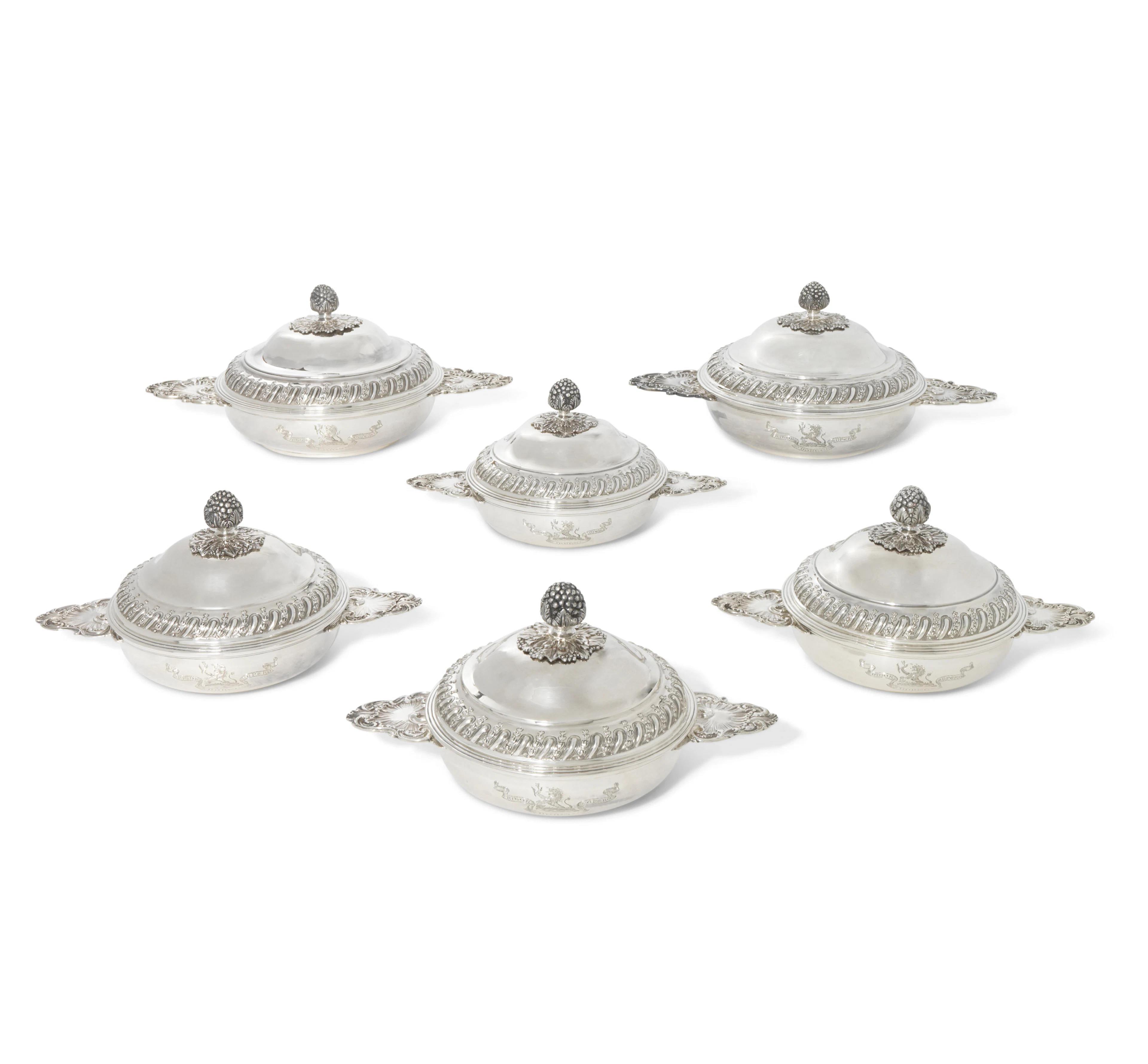 A SUITE OF SIX VICTORIAN AND GEORGE V SILVER ENTREE DISHES AND COVERS