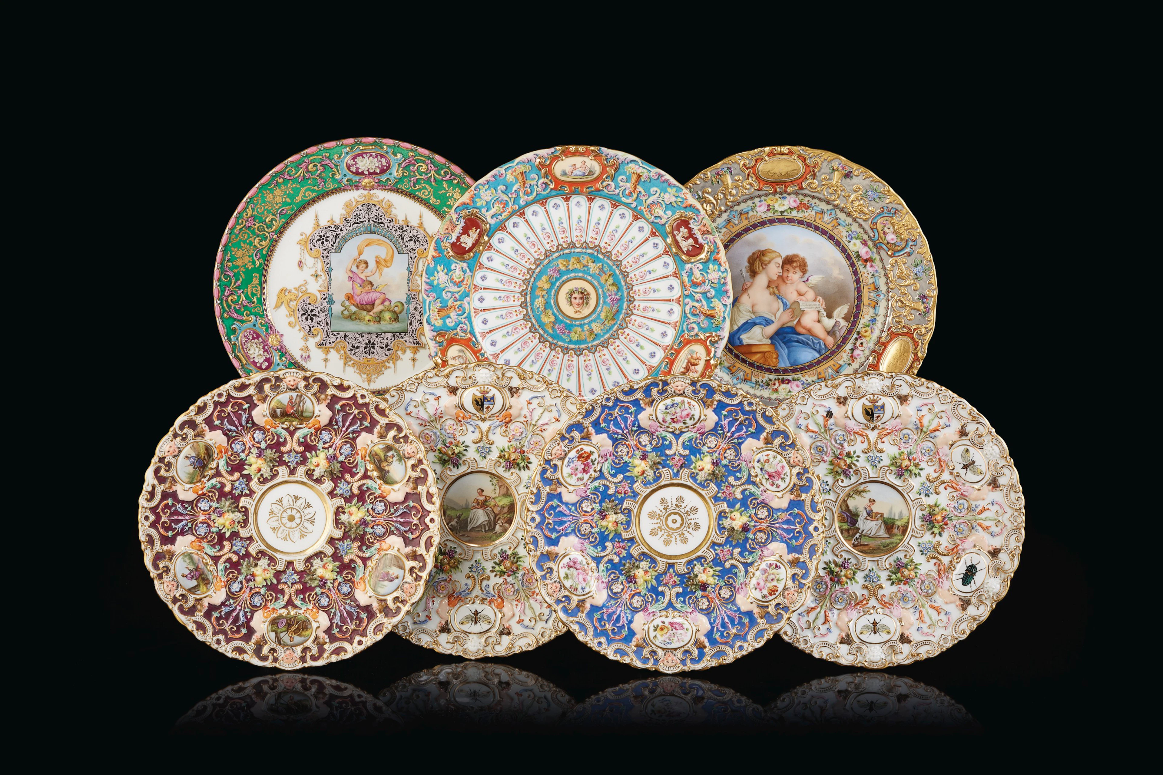 SEVEN JACOB PETIT PORCELAIN PLATES – MID-19TH CENTURY, BLUE J.P. MARKS