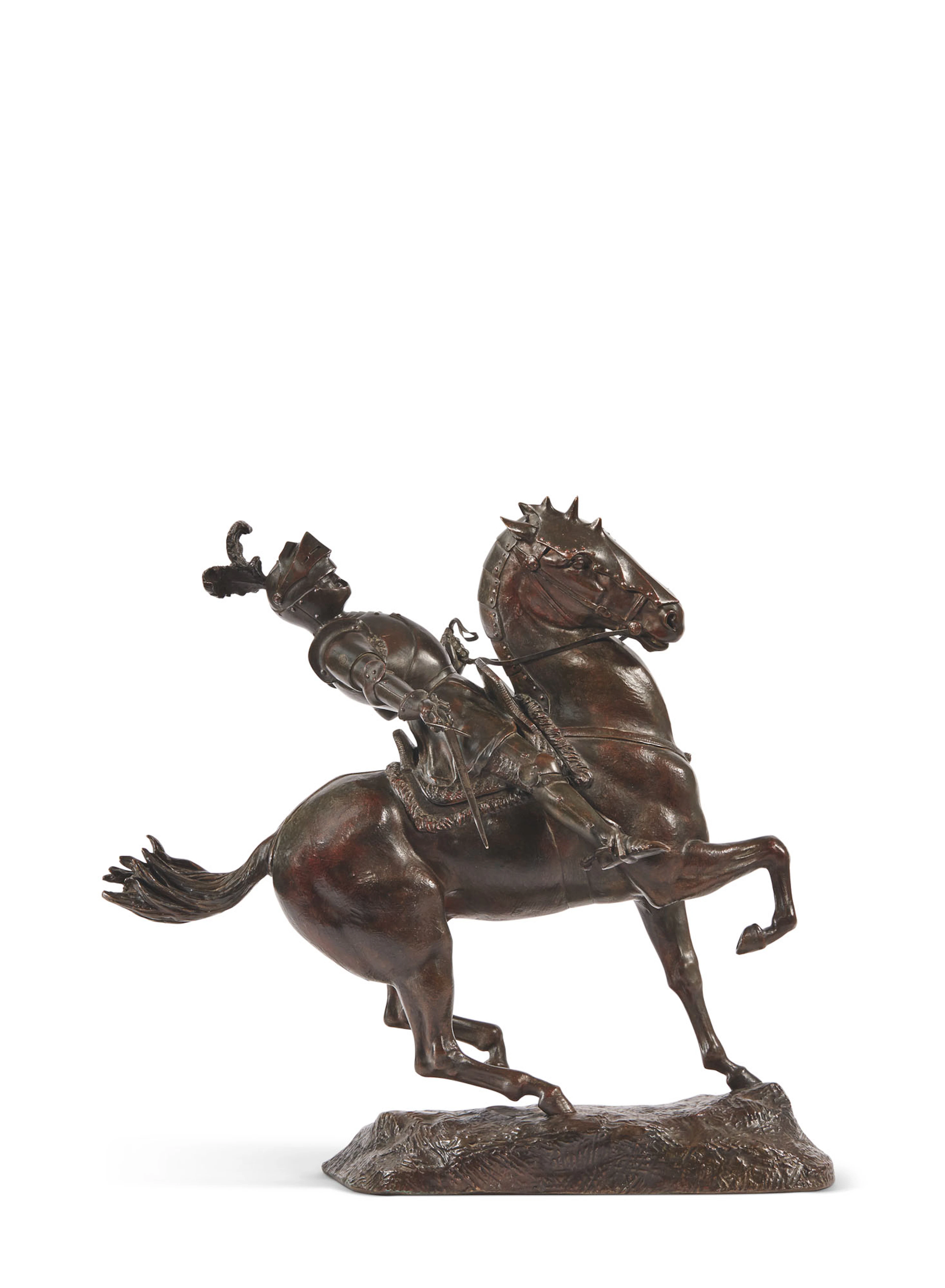 GROUPE EN BRONZE REPRÉSENTANT UN CAVALIER EN ARMURE ET SA MONTURE