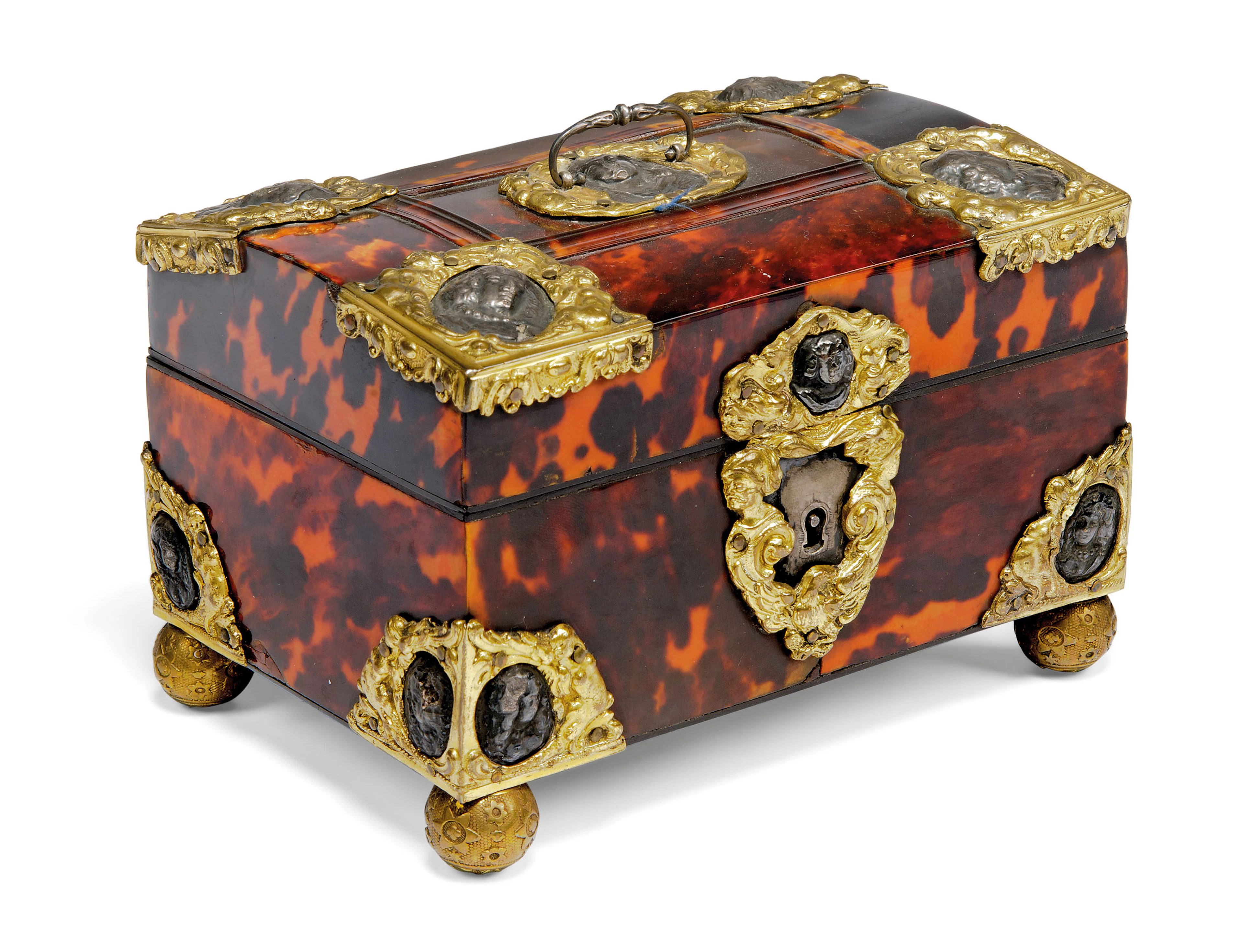A DUTCH COLONIAL SILVER AND BRASS-MOUNTED TORTOISESHELL-VENEERED CASKET