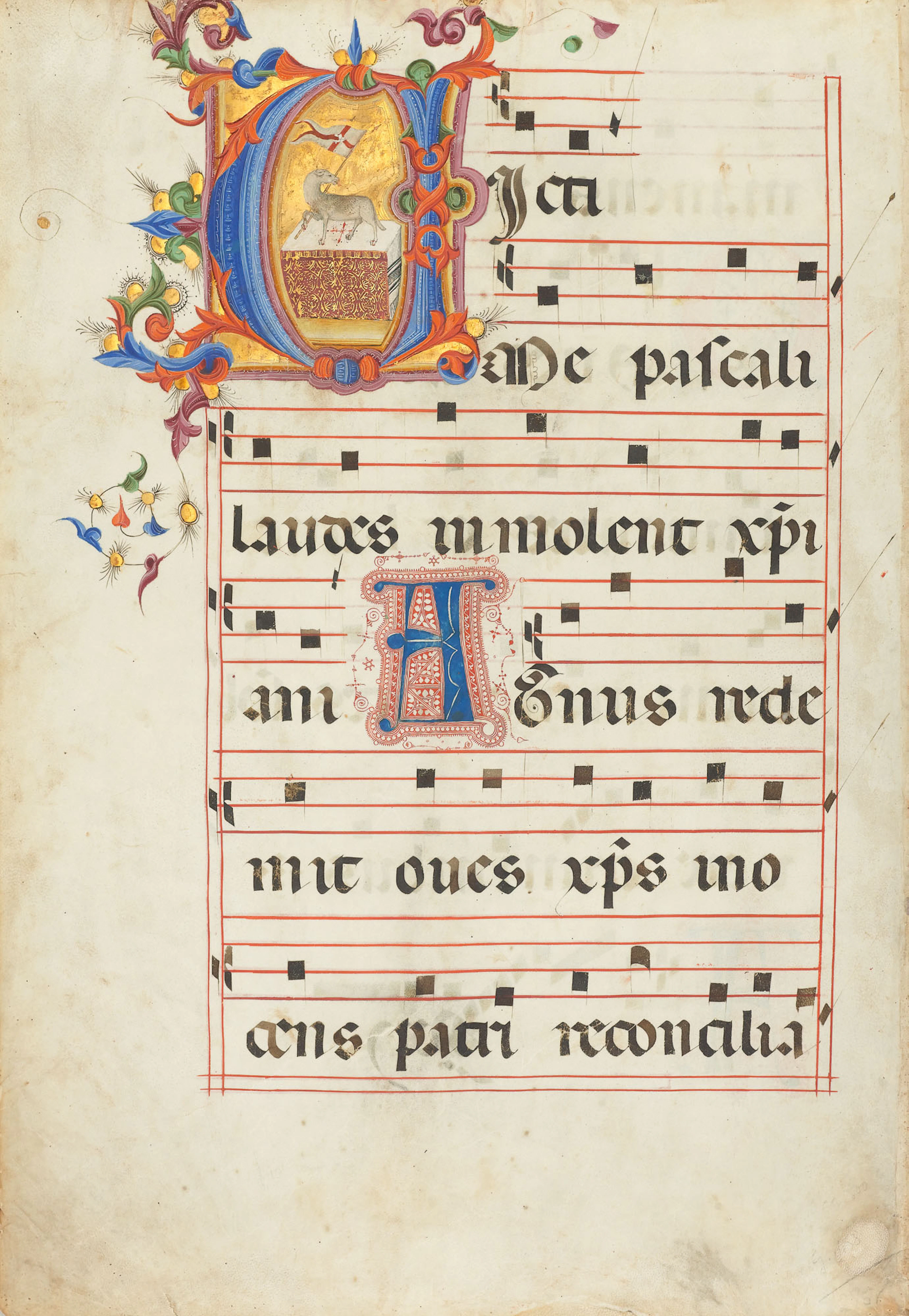 Easter Lamb, in a historiated initial ‘V’ on a leaf from...